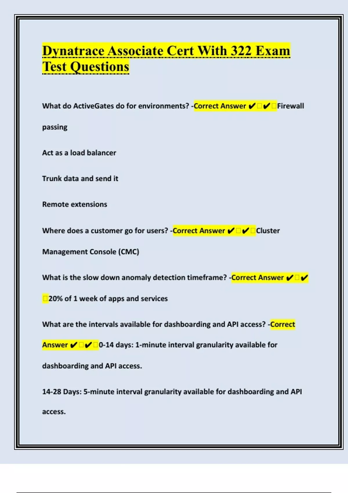 Dynatrace Associate Cert With 322 Exam Test Questions With Answers Exam ...