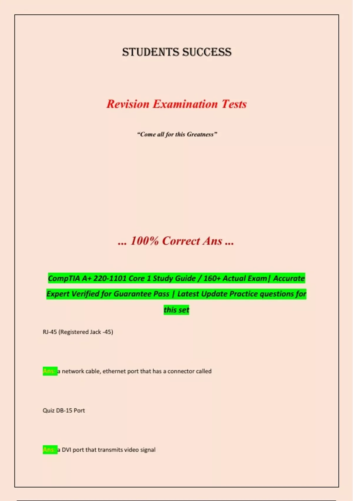CompTIA A+ 220-1101 Core 1 Study Guide / 160+ Actual Exam| Accurate ...