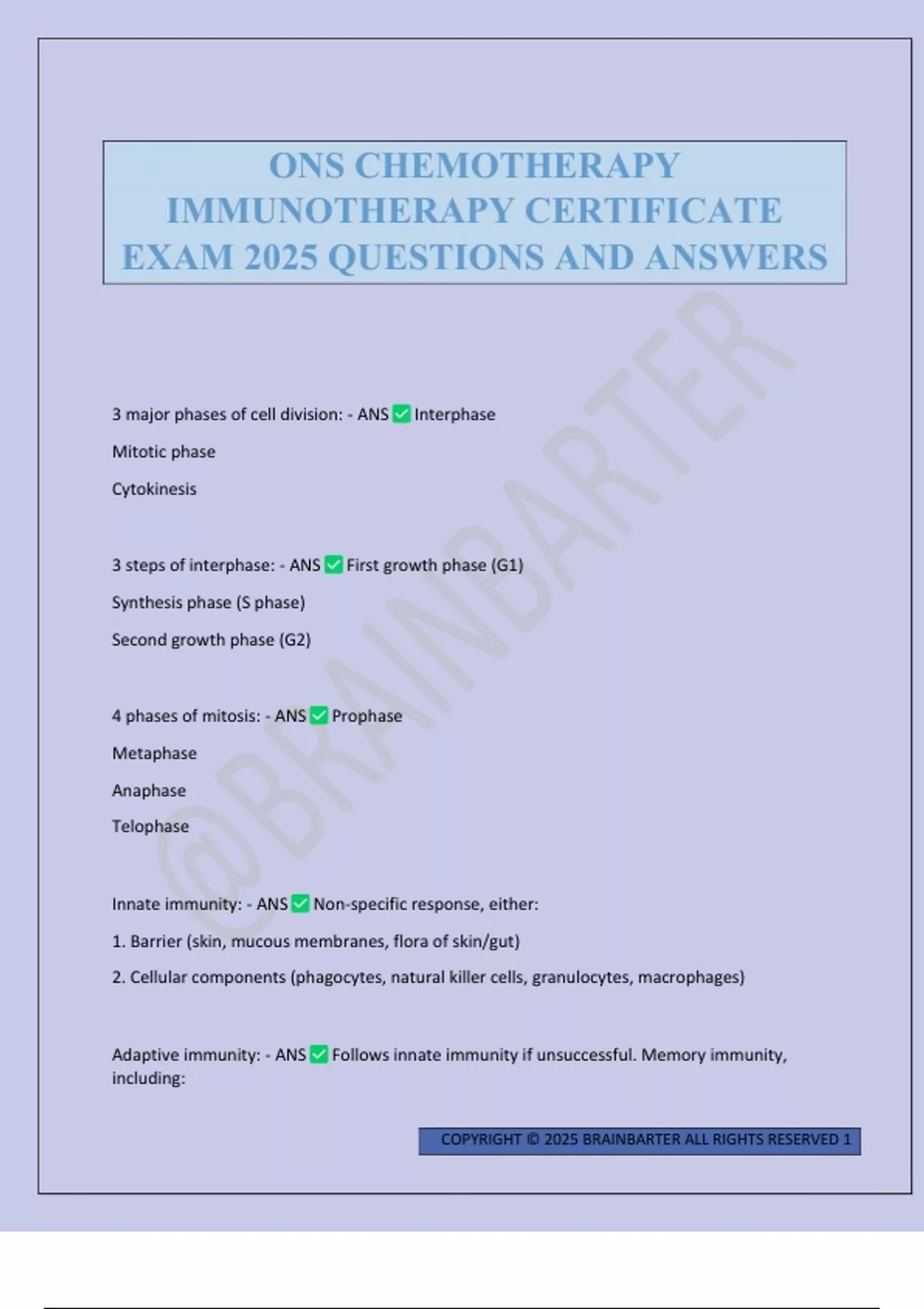 ONS CHEMOTHERAPY IMMUNOTHERAPY CERTIFICATE EXAM 2025 QUESTIONS AND ...