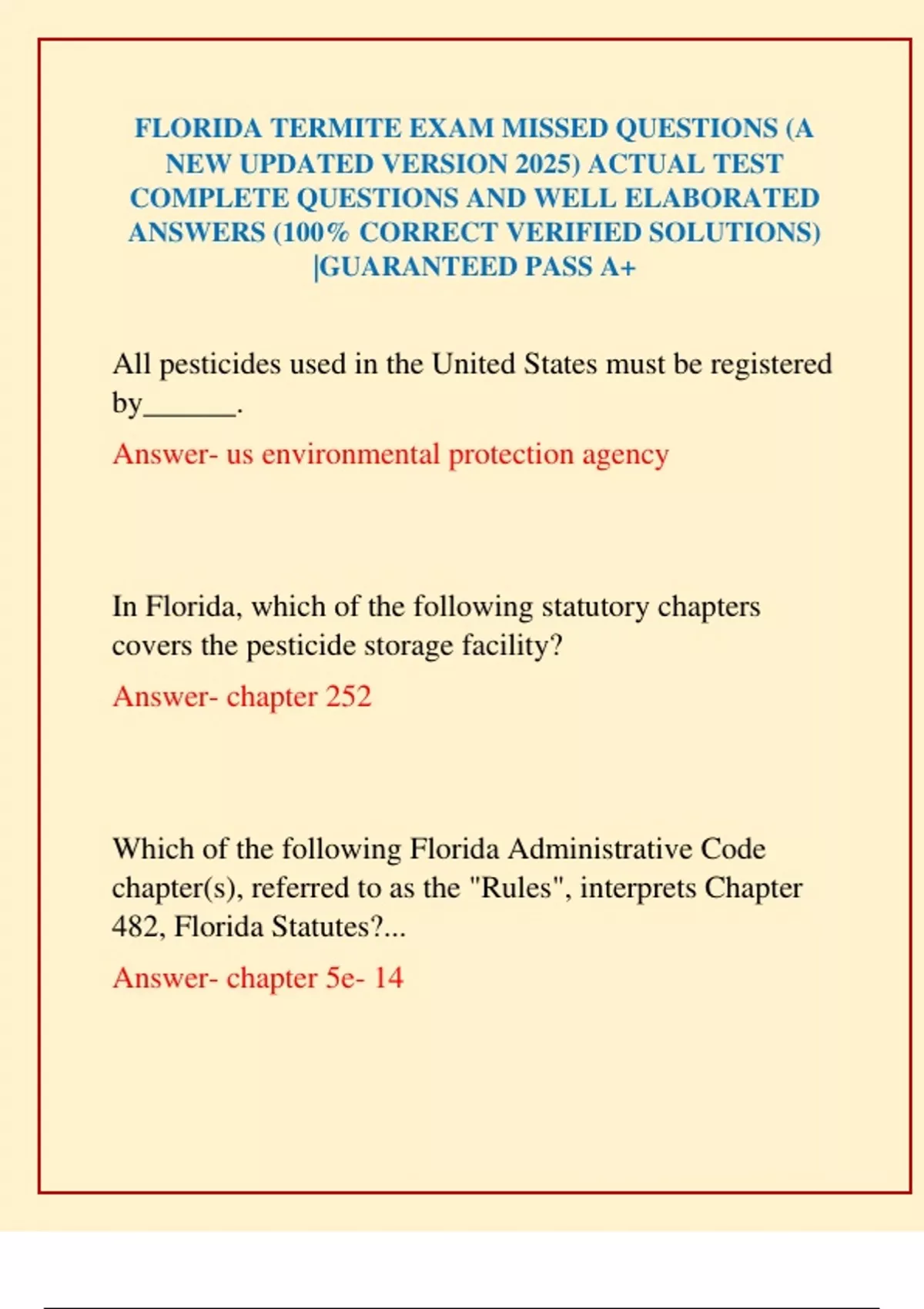 FLORIDA TERMITE EXAM MISSED QUESTIONS (A NEW UPDATED VERSION 2025 ...