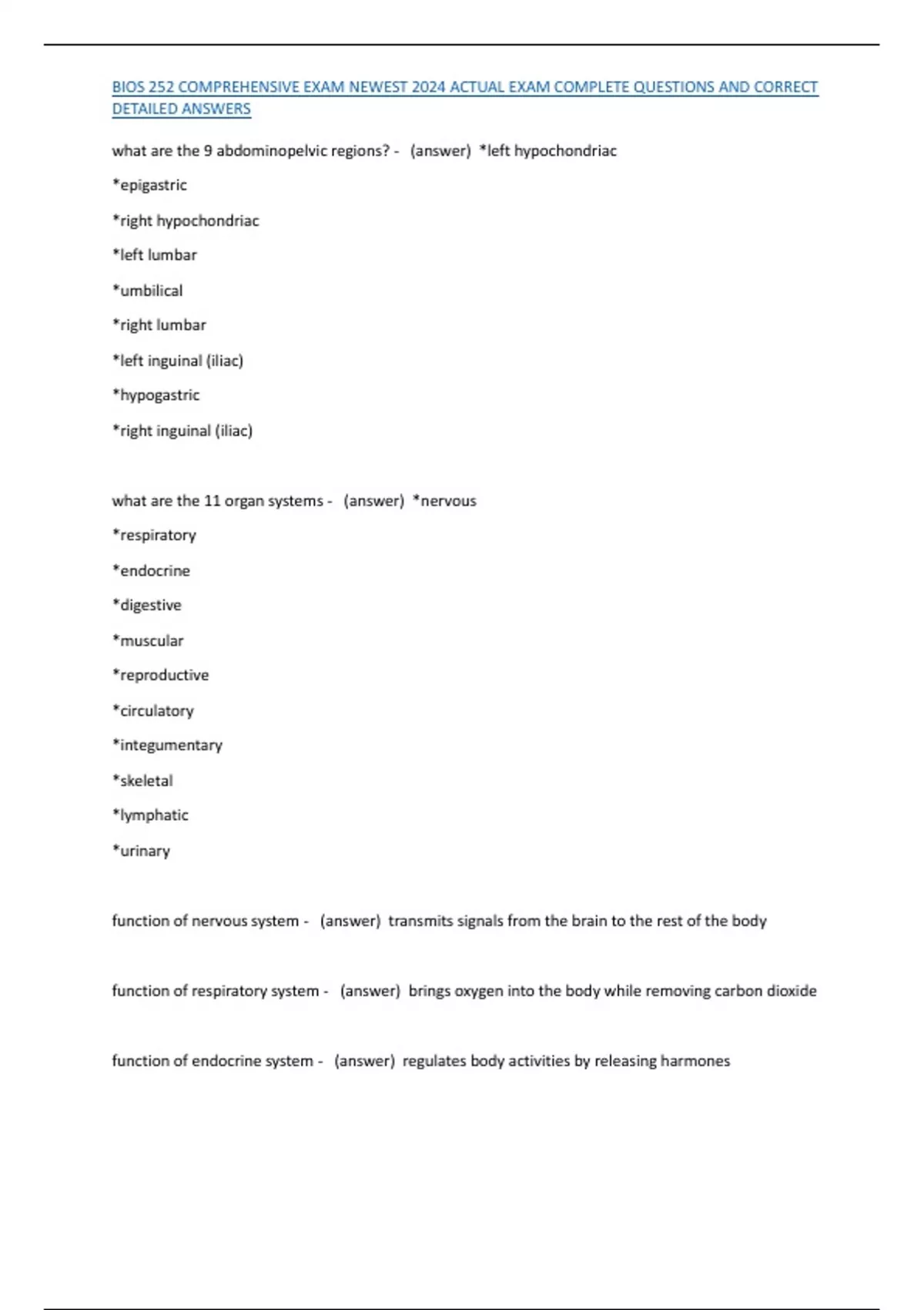 BIOS 252 COMPREHENSIVE EXAM NEWEST 2024 ACTUAL EXAM COMPLETE QUESTIONS ...
