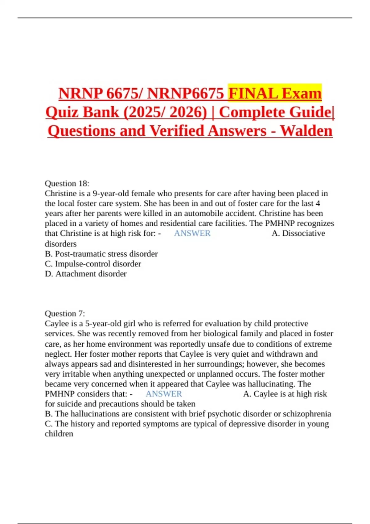 NRNP 6675/ NRNP6675 FINAL Exam Quiz Bank (2025/ 2026) | Complete Guide ...