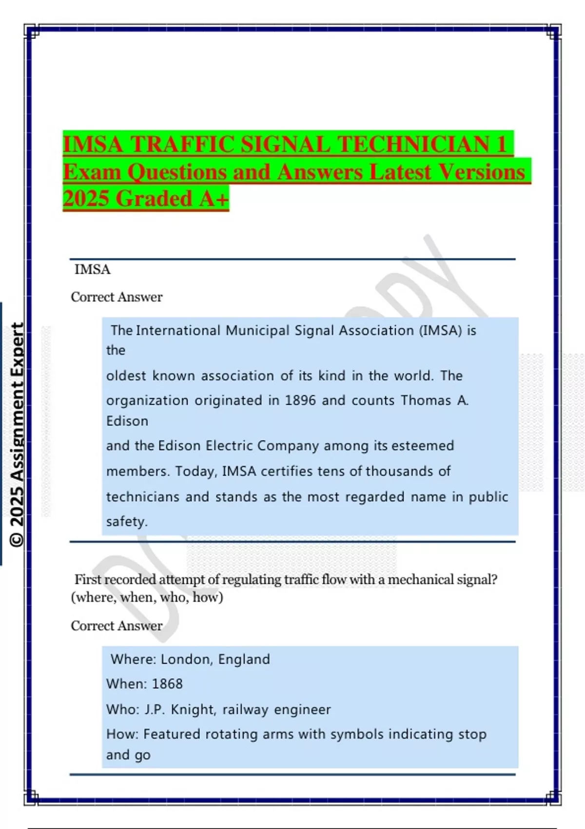 IMSA TRAFFIC SIGNAL TECHNICIAN 1 Exam Questions and Answers Latest ...