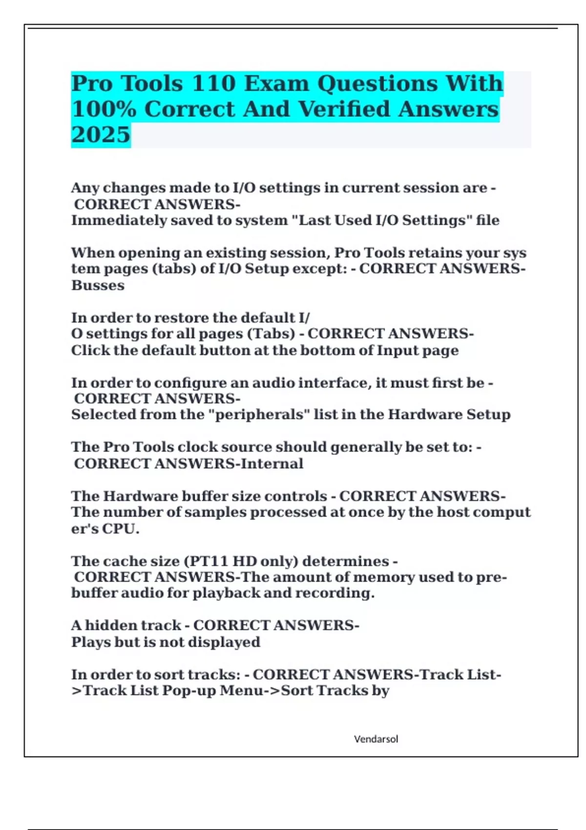 Pro Tools 110 Exam Questions With 100 Correct And Verified Answers