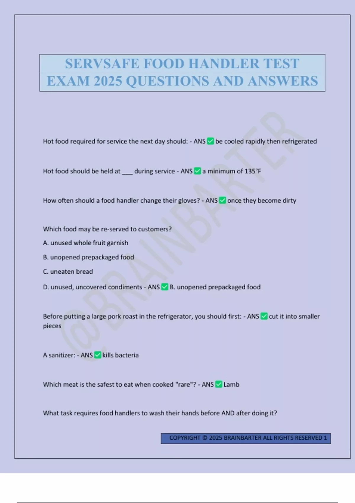 SERVSAFE FOOD HANDLER TEST EXAM 2025 QUESTIONS AND ANSWERS - SERVSAFE ...