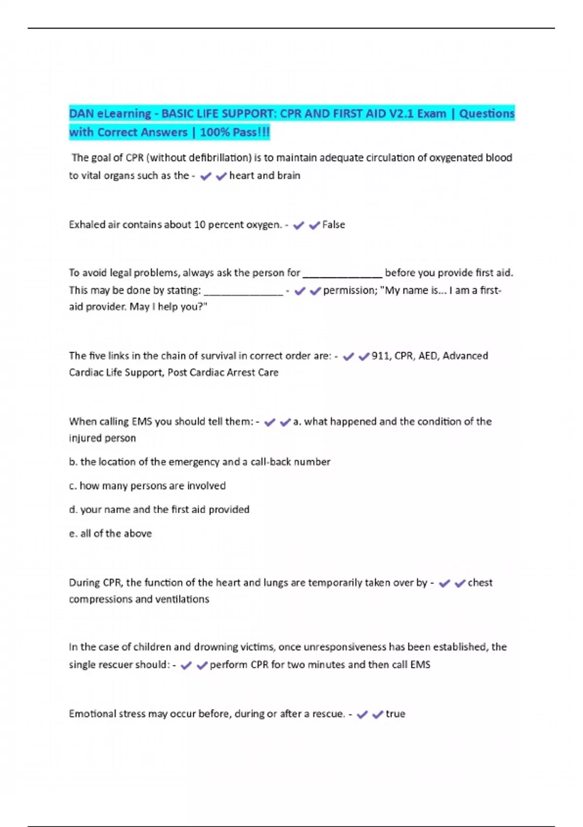 DAN eLearning - BASIC LIFE SUPPORT: CPR AND FIRST AID V2.1 Exam ...