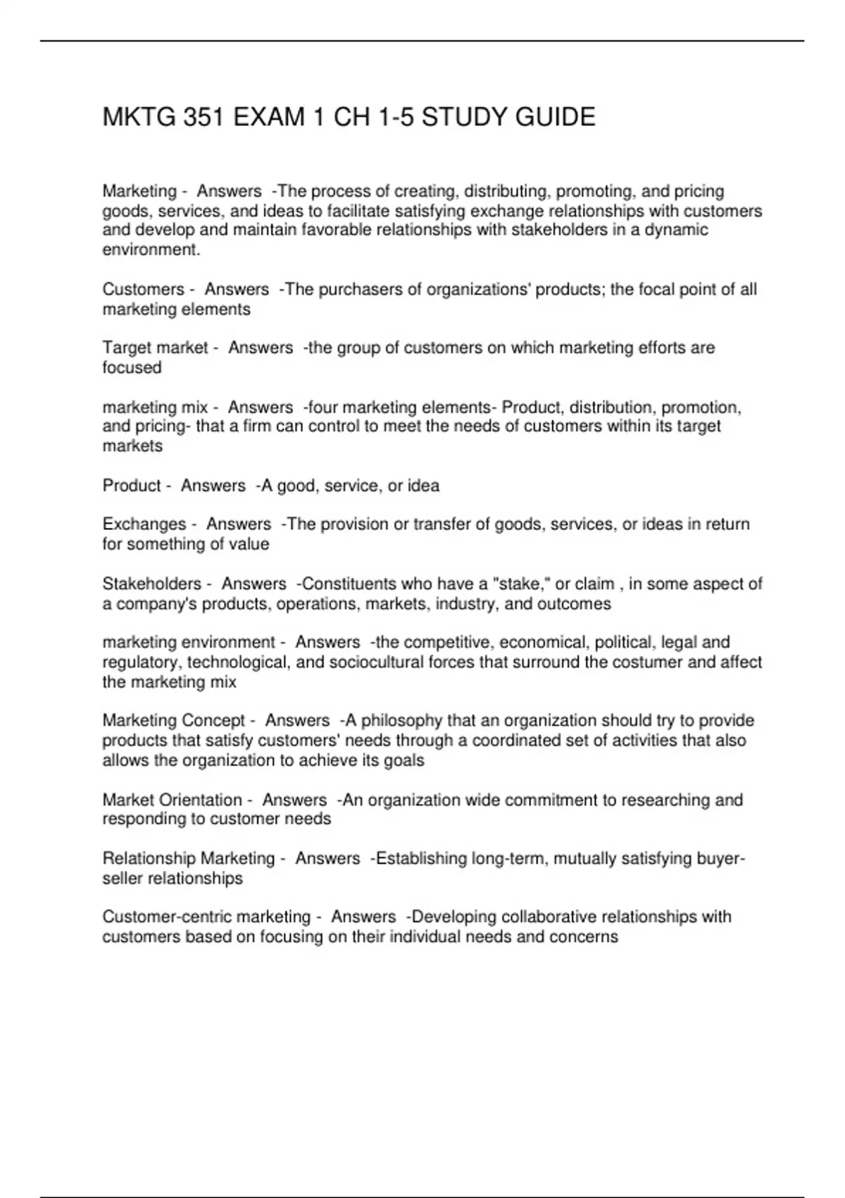 MKTG 351 EXAM 1 CH 1-5 STUDY GUIDE - MKTG 351 - Stuvia US