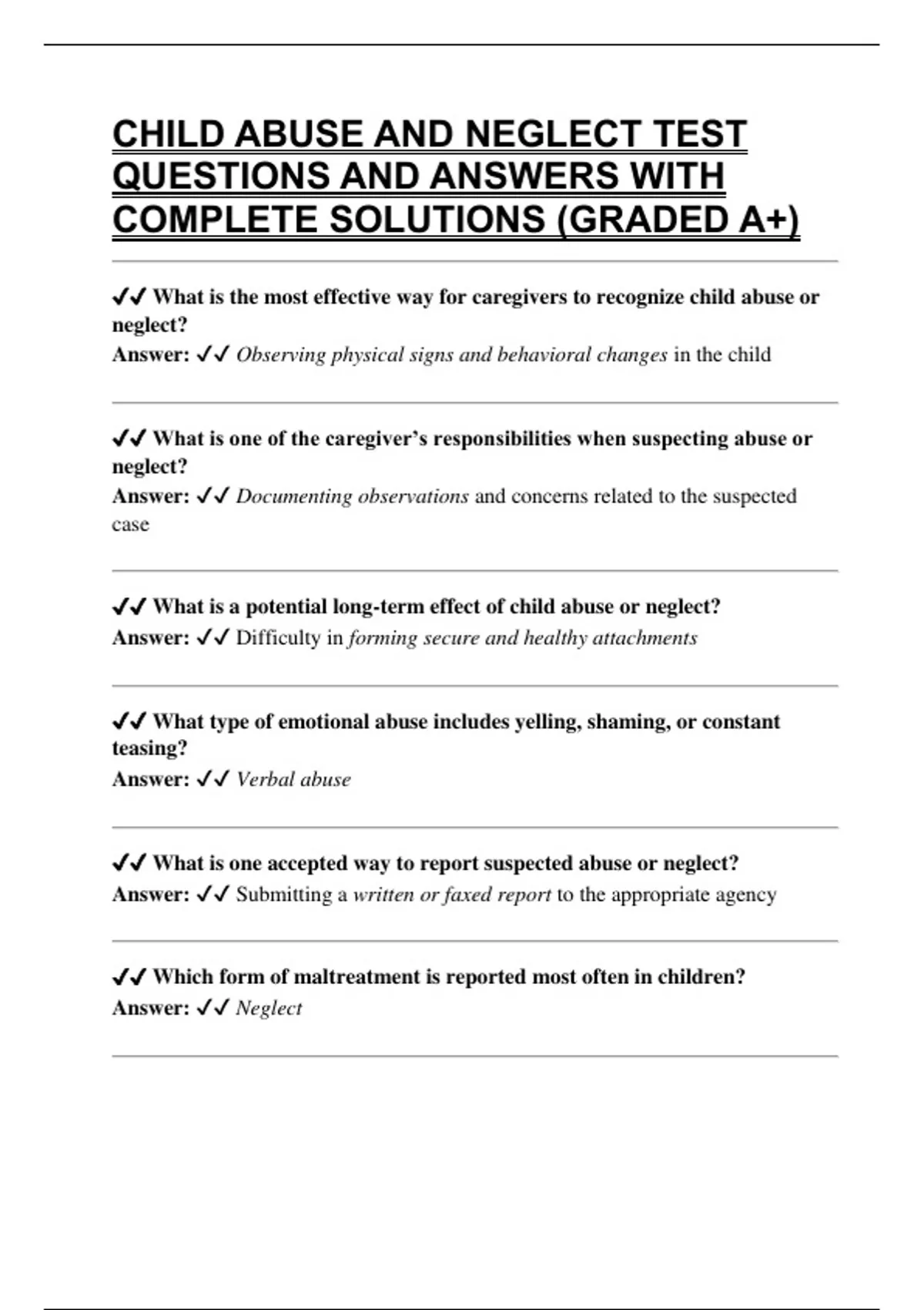 CHILD ABUSE AND NEGLECT TEST QUESTIONS AND ANSWERS WITH COMPLETE ...