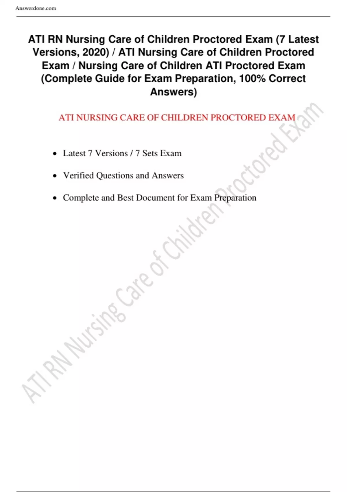 ATI RN Nursing Care of Children Proctored Exam 7 Versions - Que+Ans ...