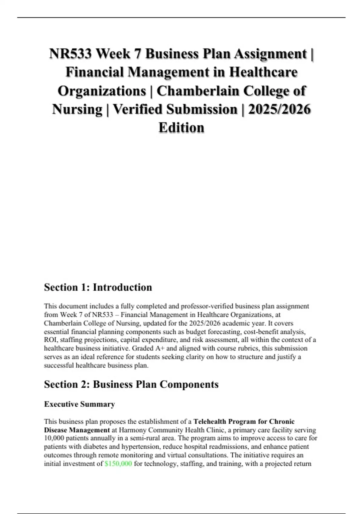 NR533 Week 7 Business Plan Assignment – Financial Management in ...
