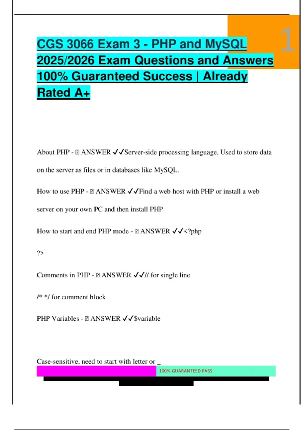 CGS 3066 Exam 3 - PHP and MySQL 2025/2026 Exam Questions and Answers ...
