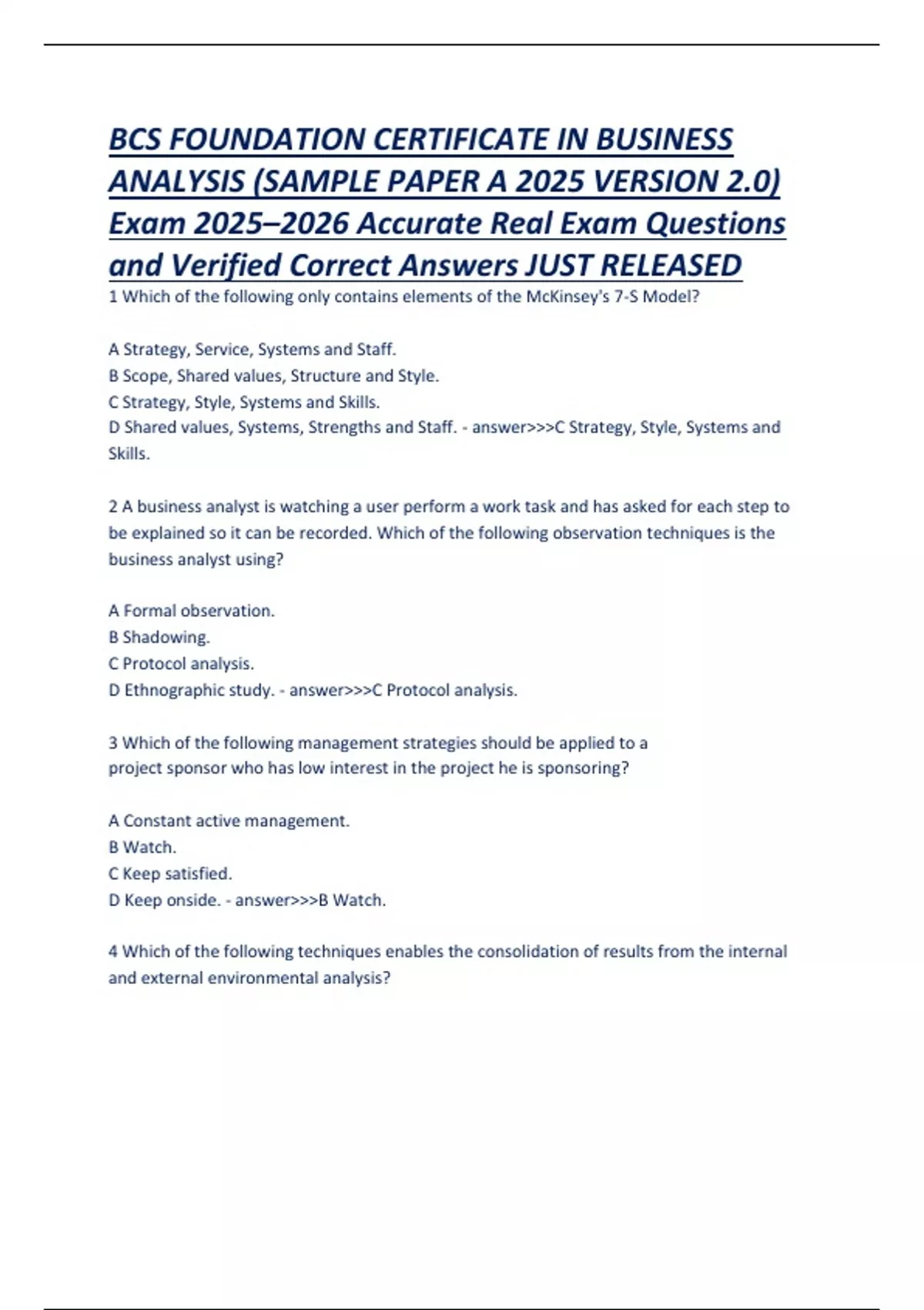 BCS FOUNDATION CERTIFICATE IN BUSINESS ANALYSIS (SAMPLE PAPER A 2025 ...