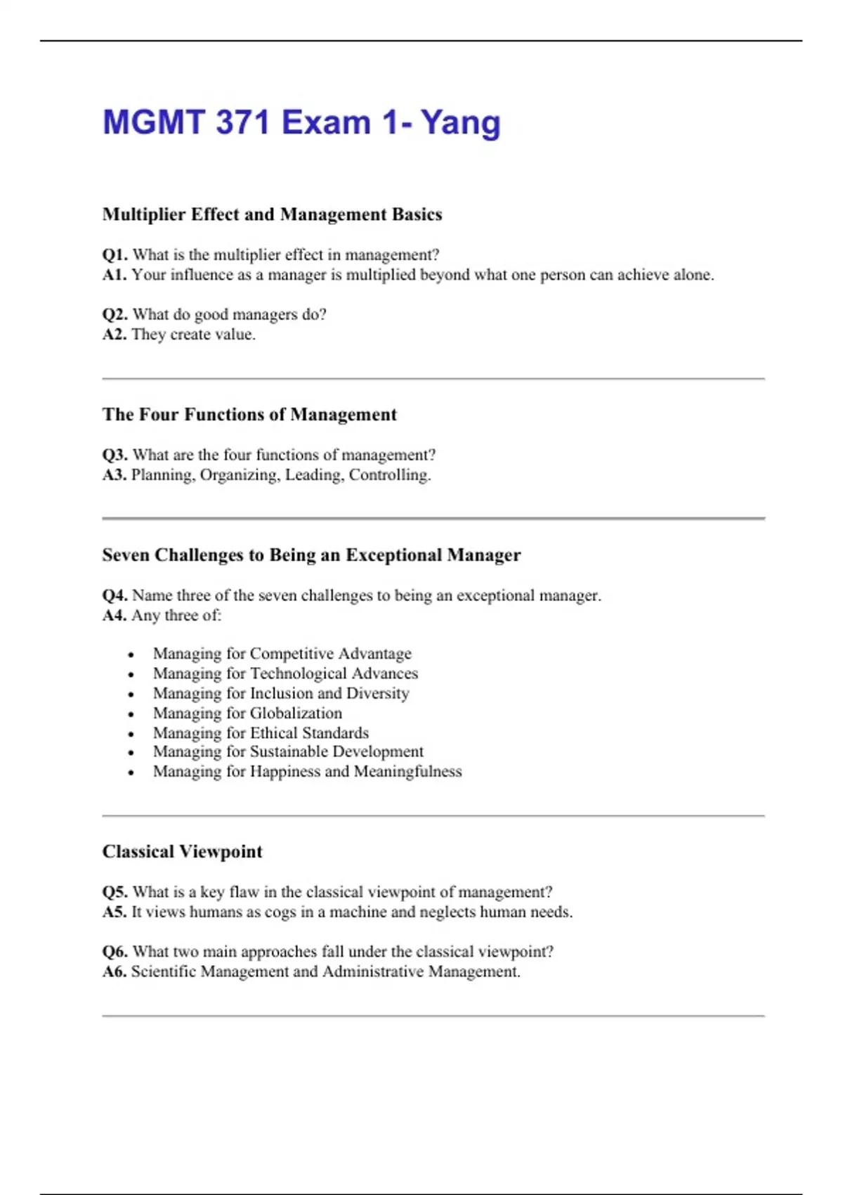 MGMT 371 Exam 1- Yang Questions and Answers 100% Verified - MGMT 371 ...