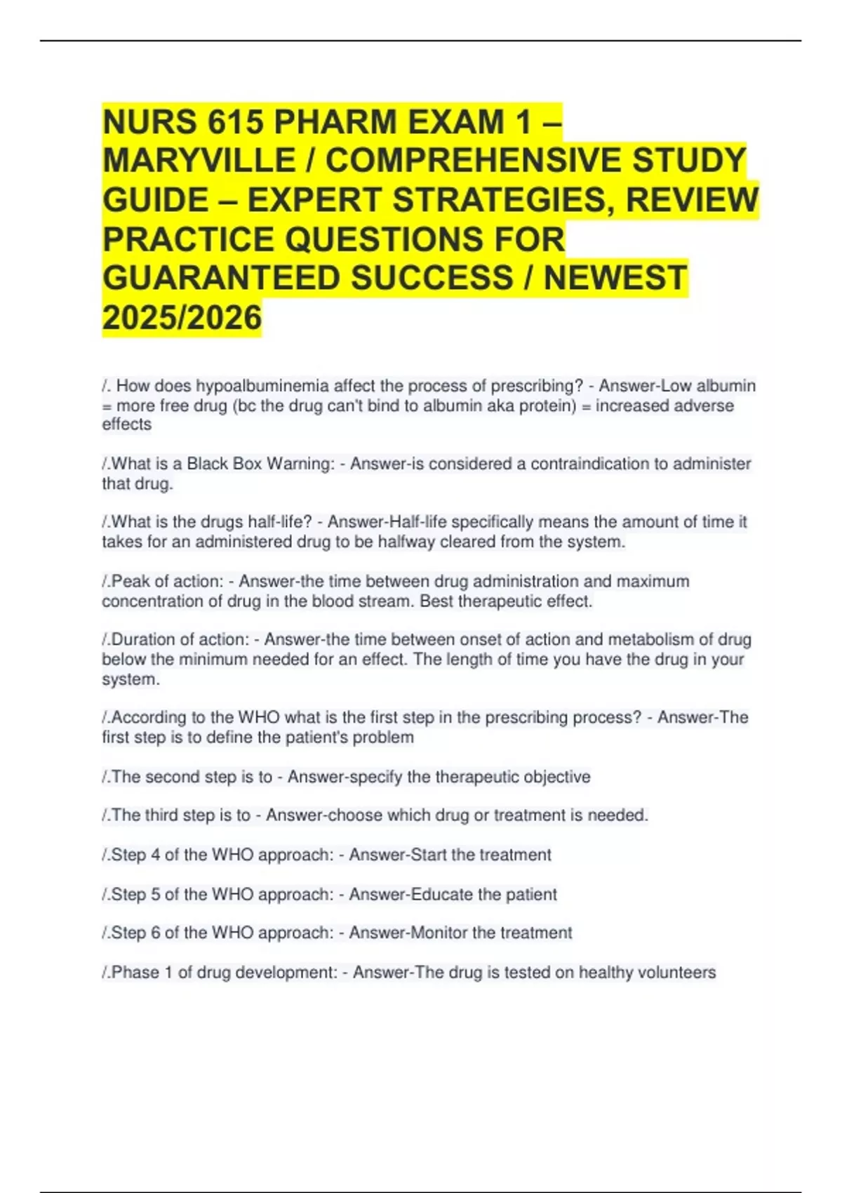 NURS 615 PHARM EXAM 1 – MARYVILLE / COMPREHENSIVE STUDY GUIDE – EXPERT ...