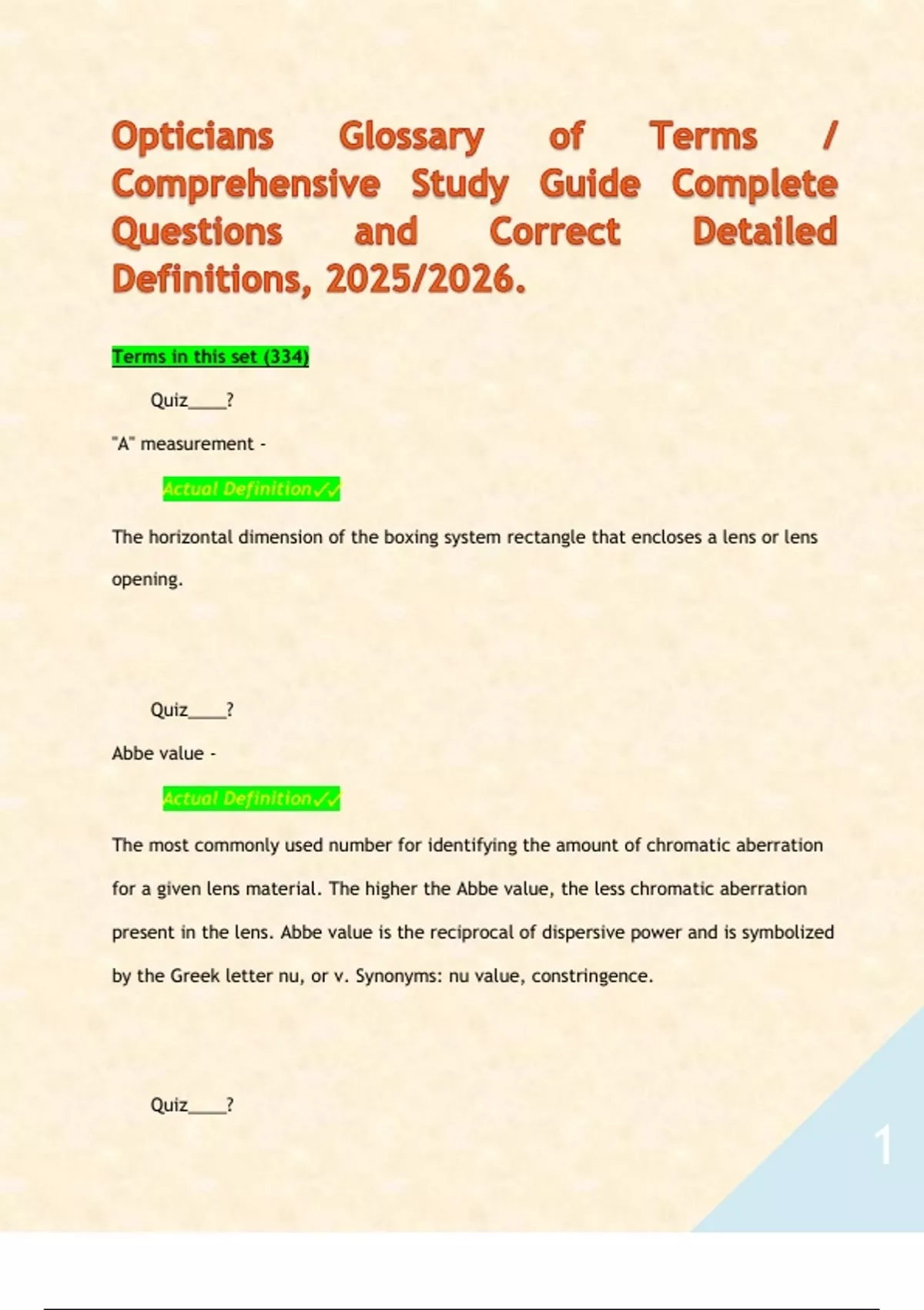 Opticians Glossary of Terms / Comprehensive Study Guide Complete ...