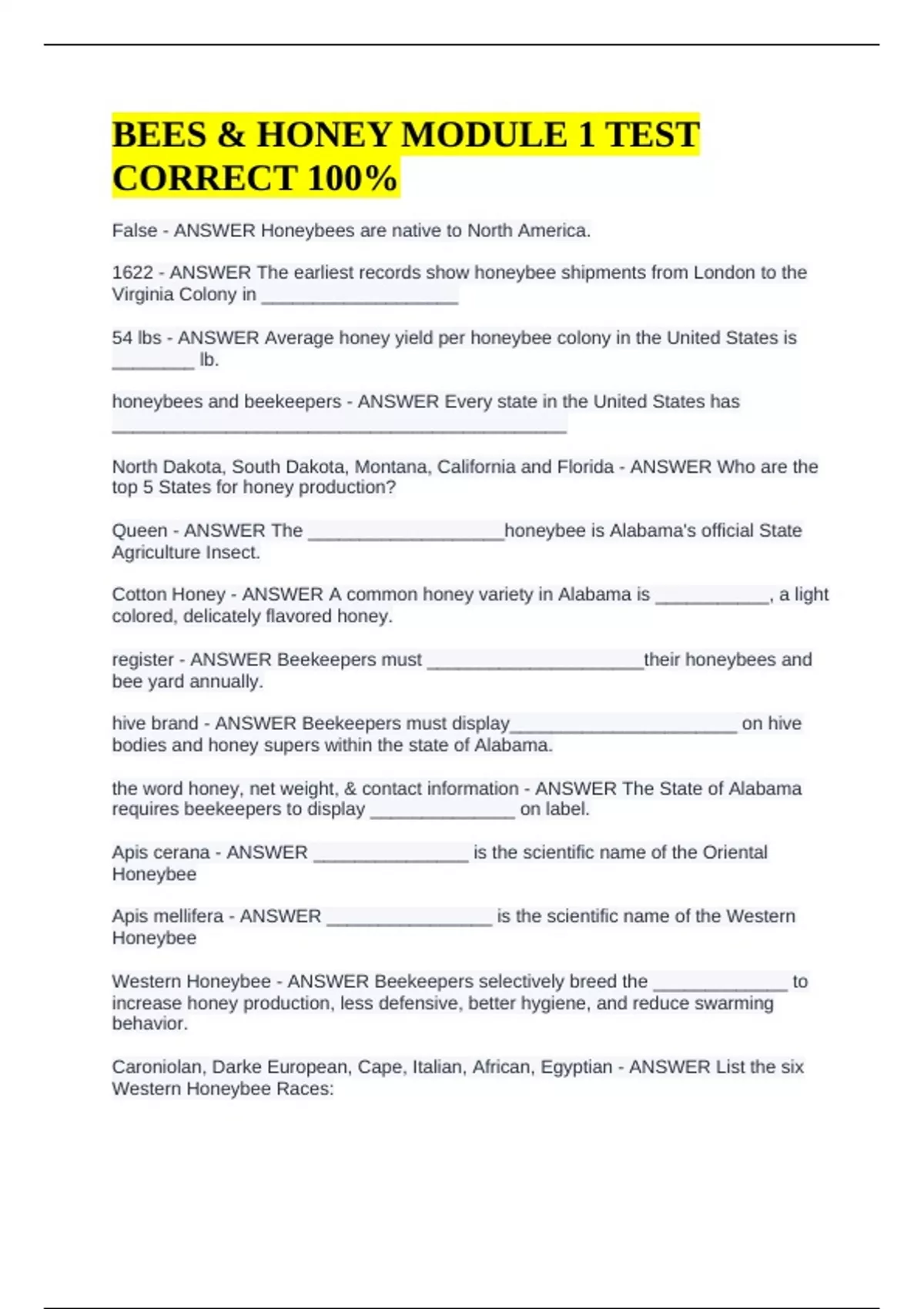 BEES &amp; HONEY MODULE 1 TEST CORRECT 100% - Certified beekeeper - Stuvia US