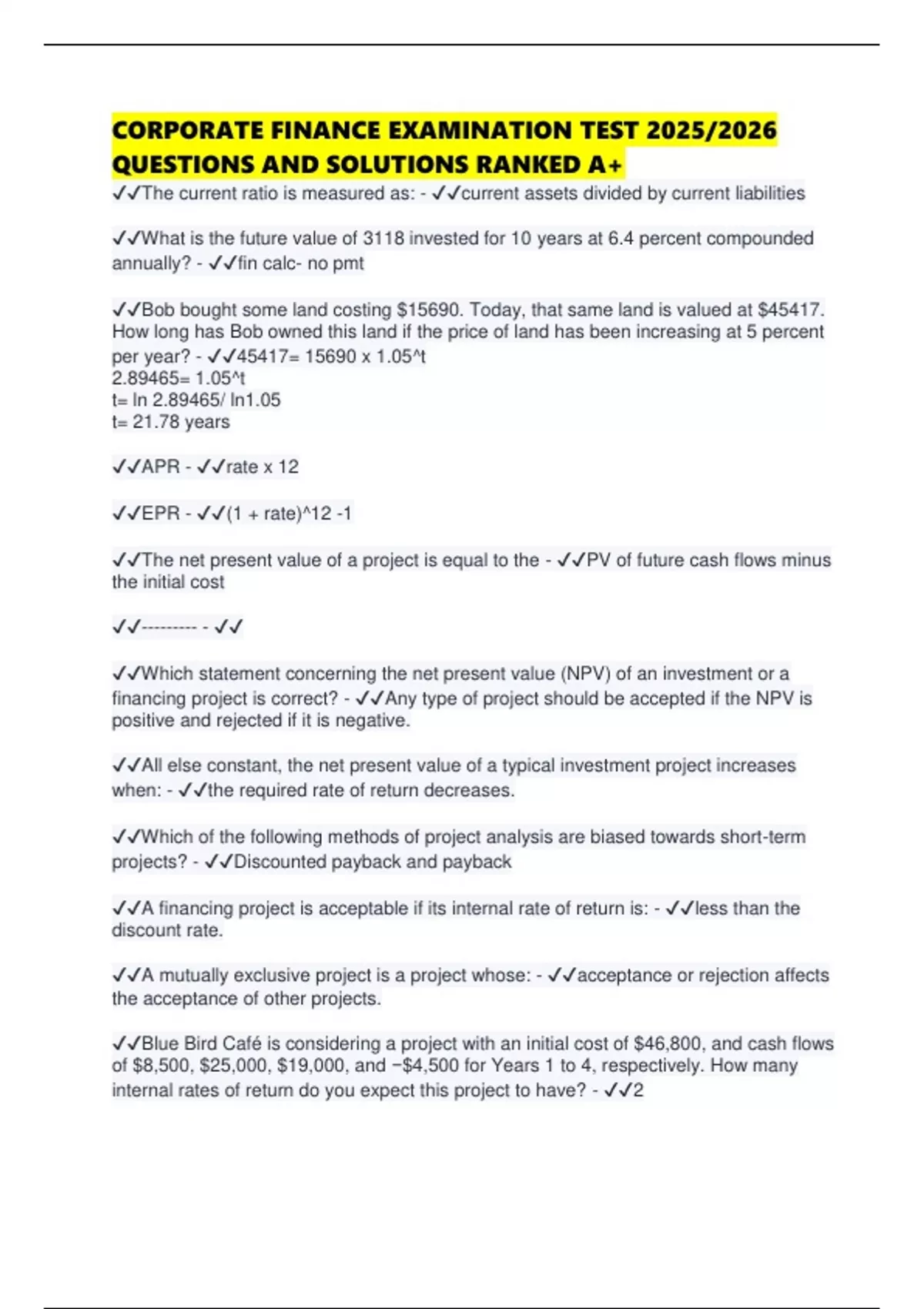 CORPORATE FINANCE EXAMINATION TEST 2025/2026 QUESTIONS AND SOLUTIONS ...