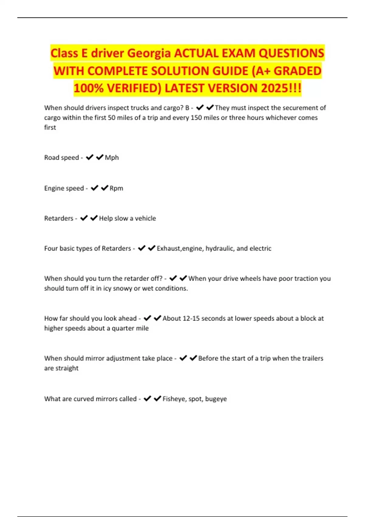 Class E driver Georgia ACTUAL EXAM QUESTIONS WITH COMPLETE SOLUTION ...