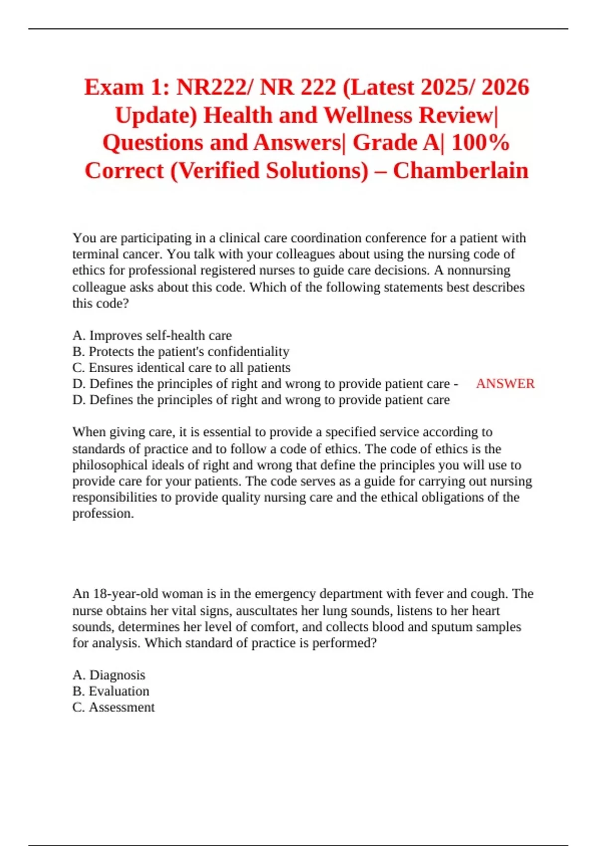 Exam 1: NR222/ NR 222 (Latest 2025/ 2026 Update) Health and Wellness ...