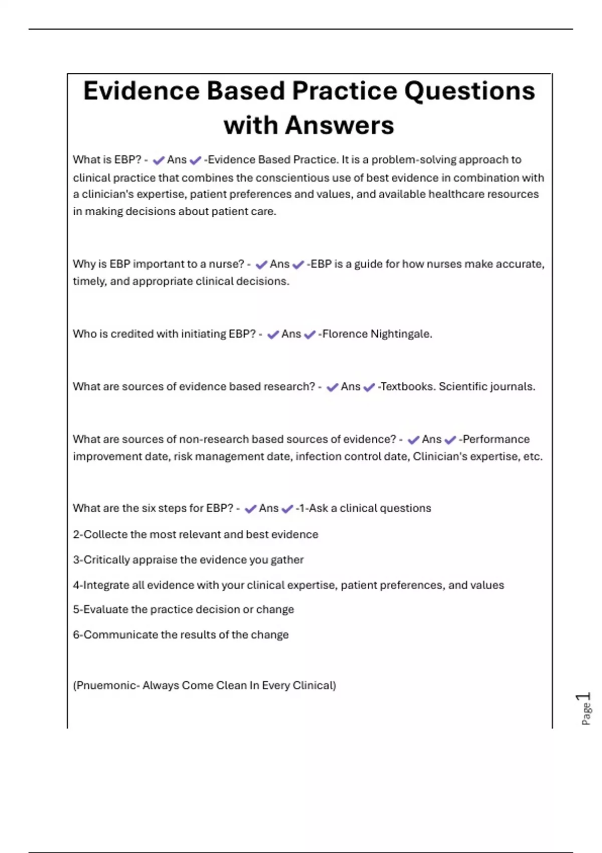 Evidence Based Practice Questions with Answers - Evidence Based - Stuvia US