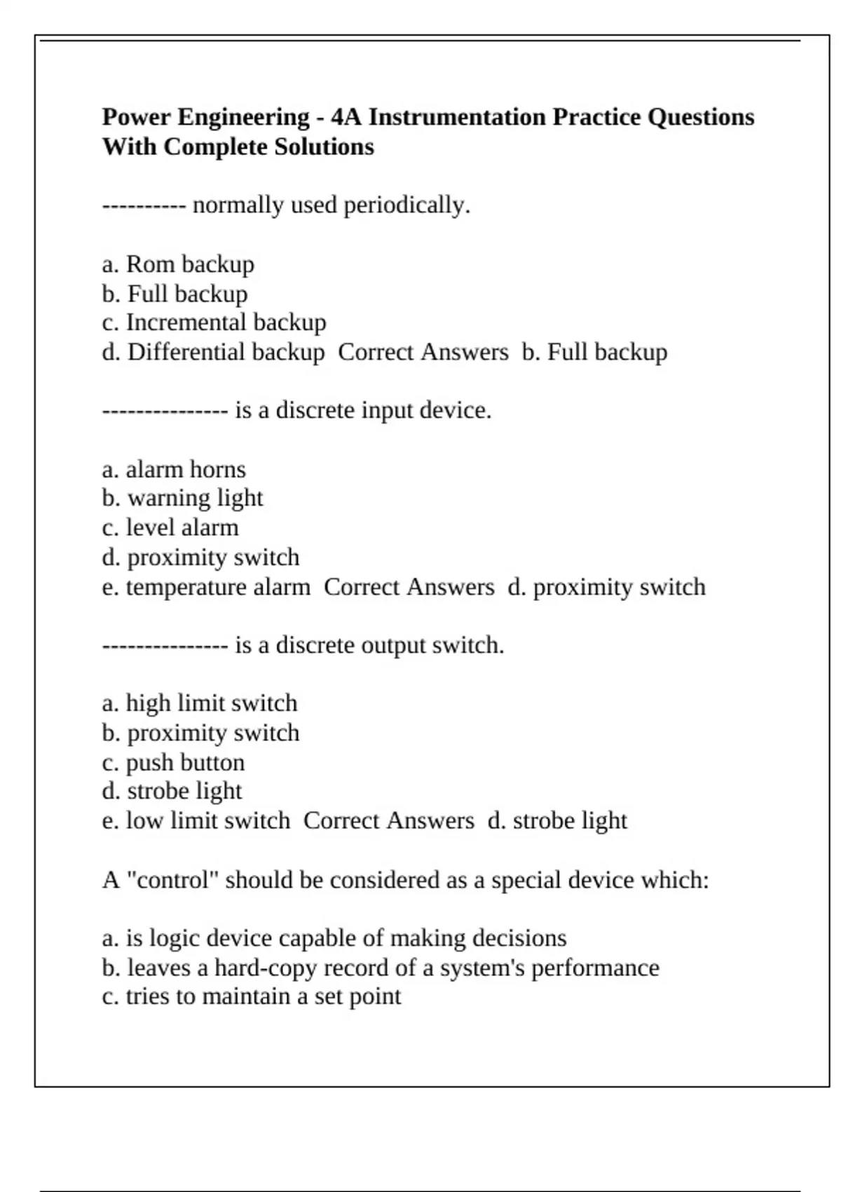Power Engineering - 4A Instrumentation Practice Questions With Complete ...