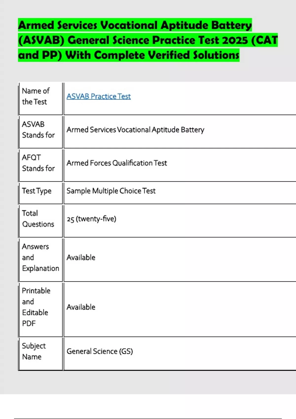 Armed Services Vocational Aptitude Battery (ASVAB) General Science ...