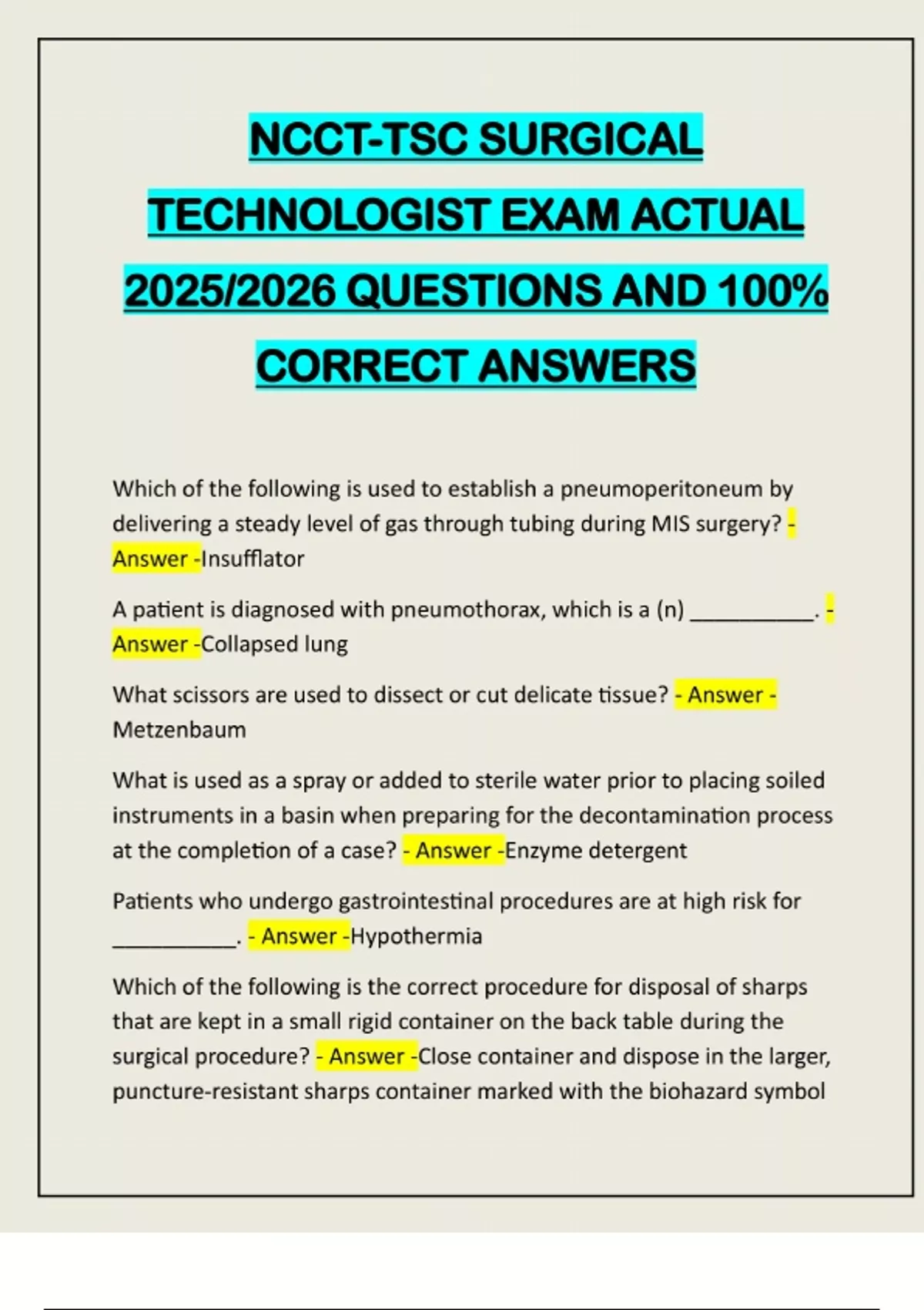 NCCT-TSC SURGICAL TECHNOLOGIST EXAM ACTUAL 2025/2026 QUESTIONS AND 100% ...