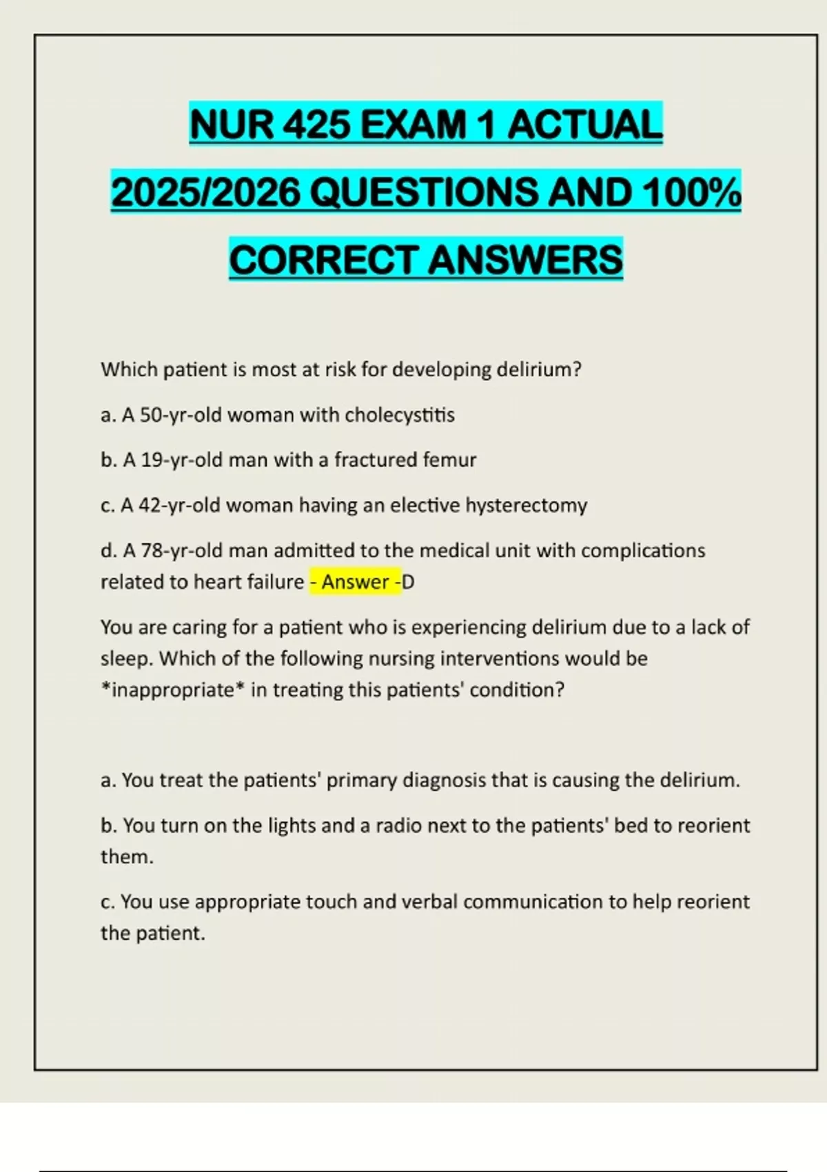 NUR 425 EXAM 1 ACTUAL 2025/2026 QUESTIONS AND 100% CORRECT ANSWERS ...