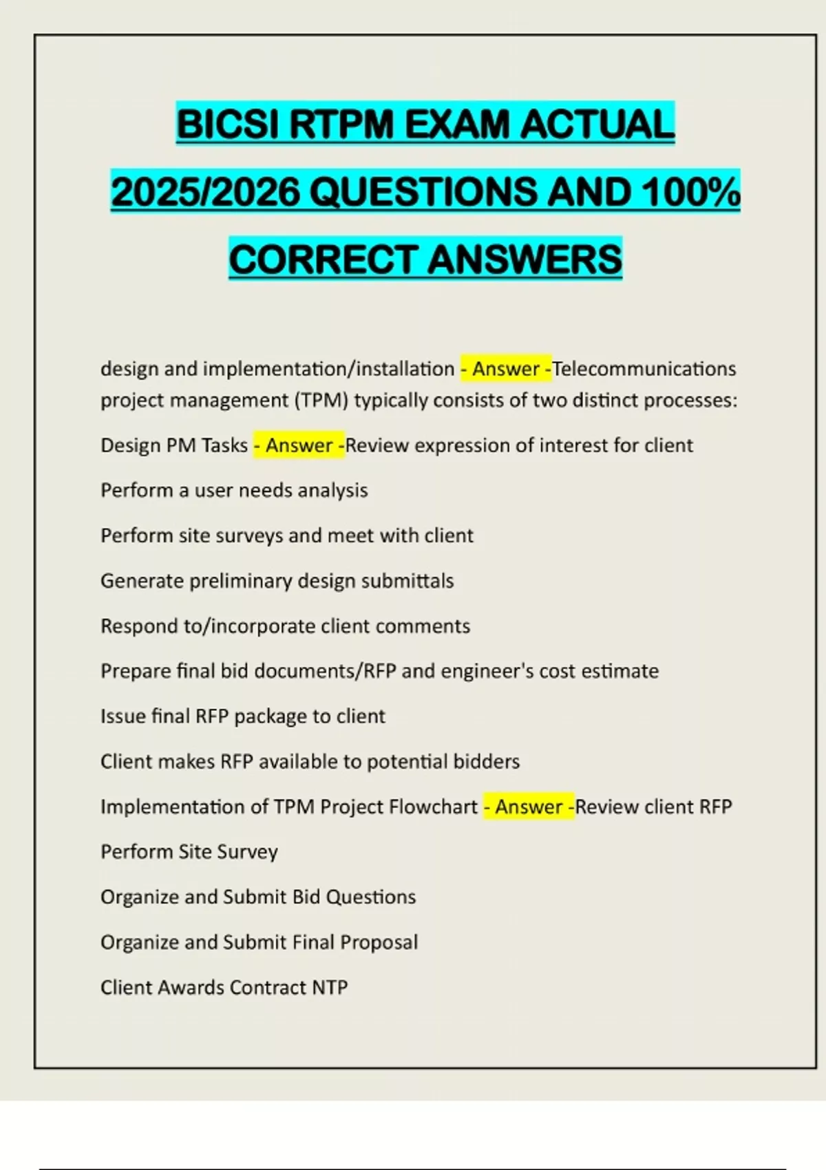 BICSI RTPM EXAM ACTUAL 2025/2026 QUESTIONS AND 100% CORRECT ANSWERS ...