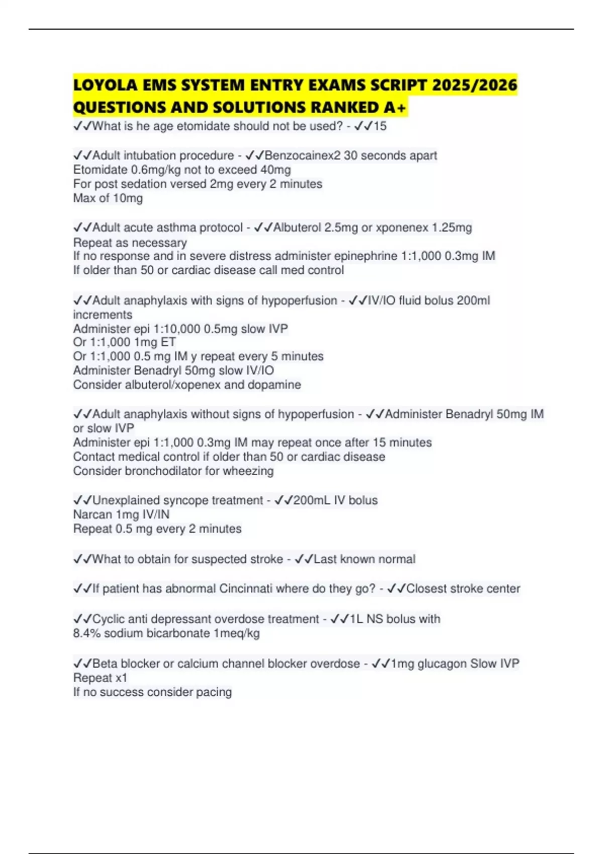 LOYOLA EMS SYSTEM ENTRY EXAMS SCRIPT 2025/2026 QUESTIONS AND SOLUTIONS ...