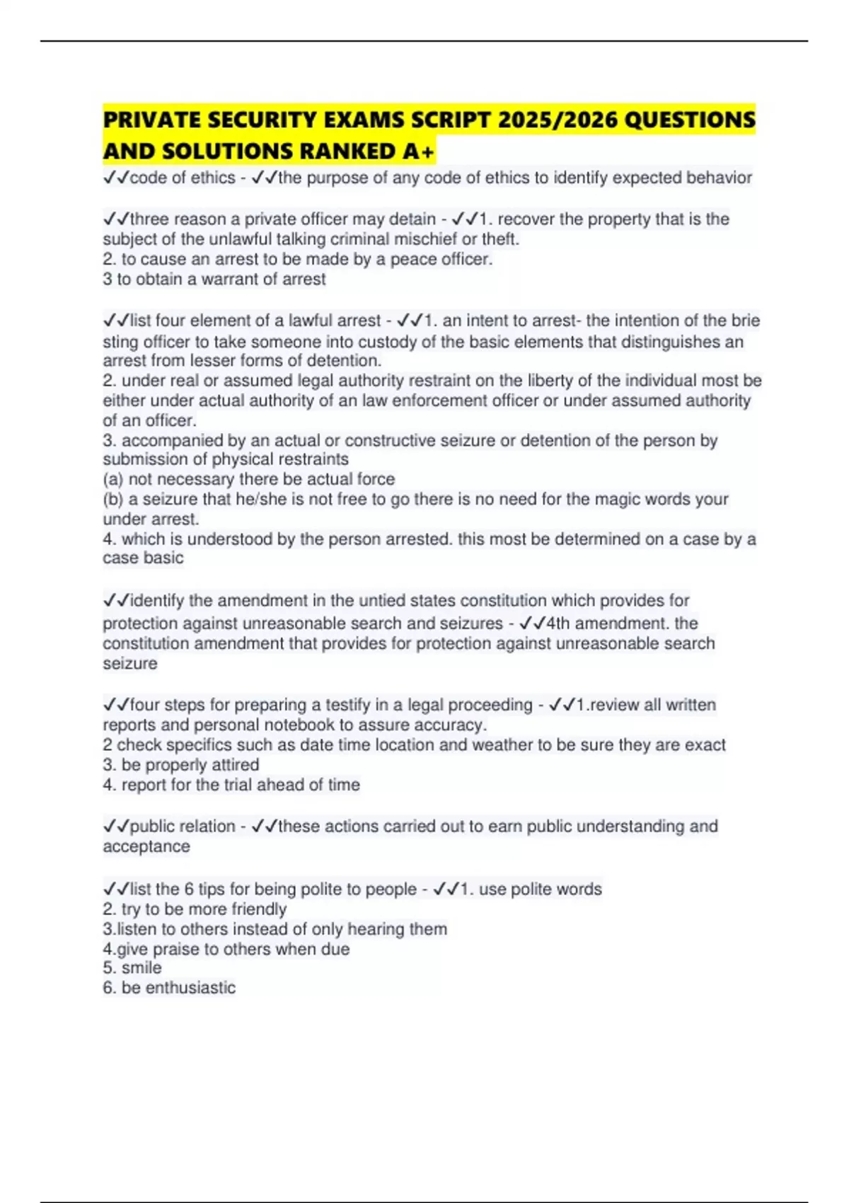 PRIVATE SECURITY EXAMS SCRIPT 2025/2026 QUESTIONS AND SOLUTIONS RANKED ...