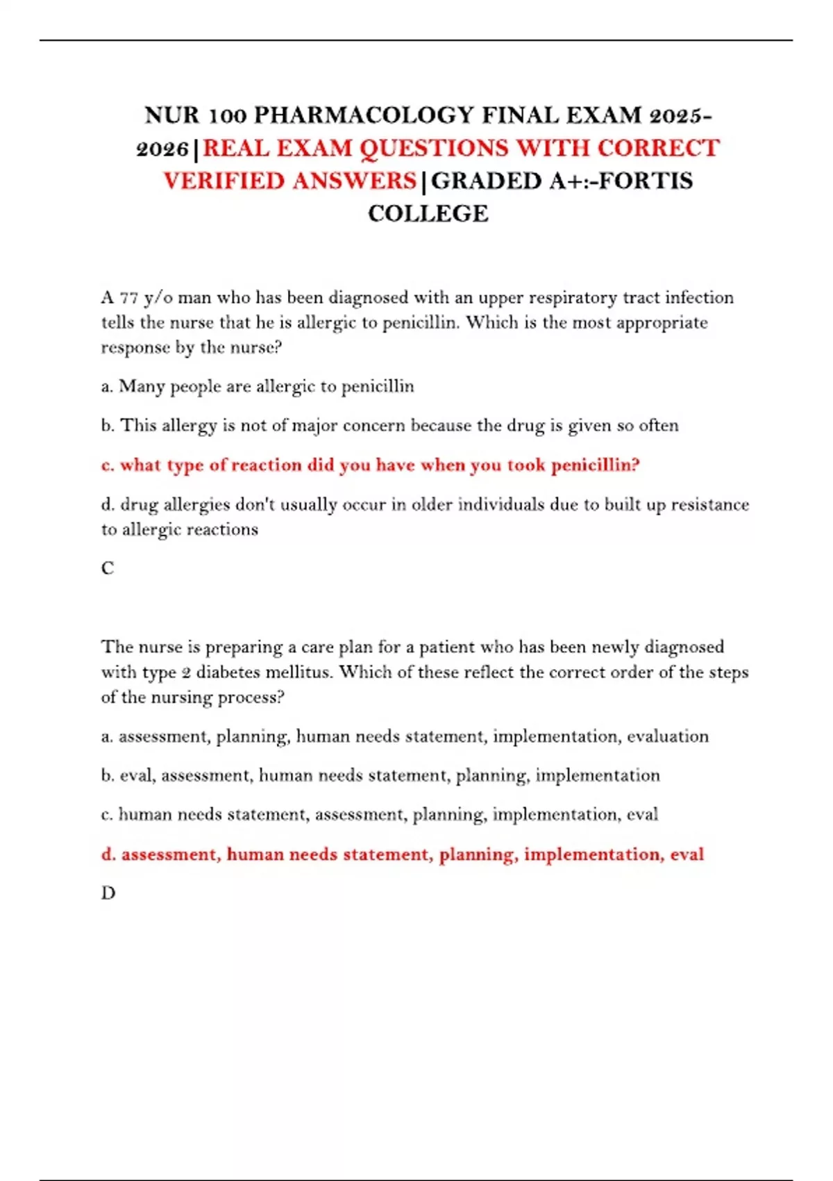 NUR 100 PHARMACOLOGY FINAL EXAM |REAL EXAM QUESTIONS WITH CORRECT ...