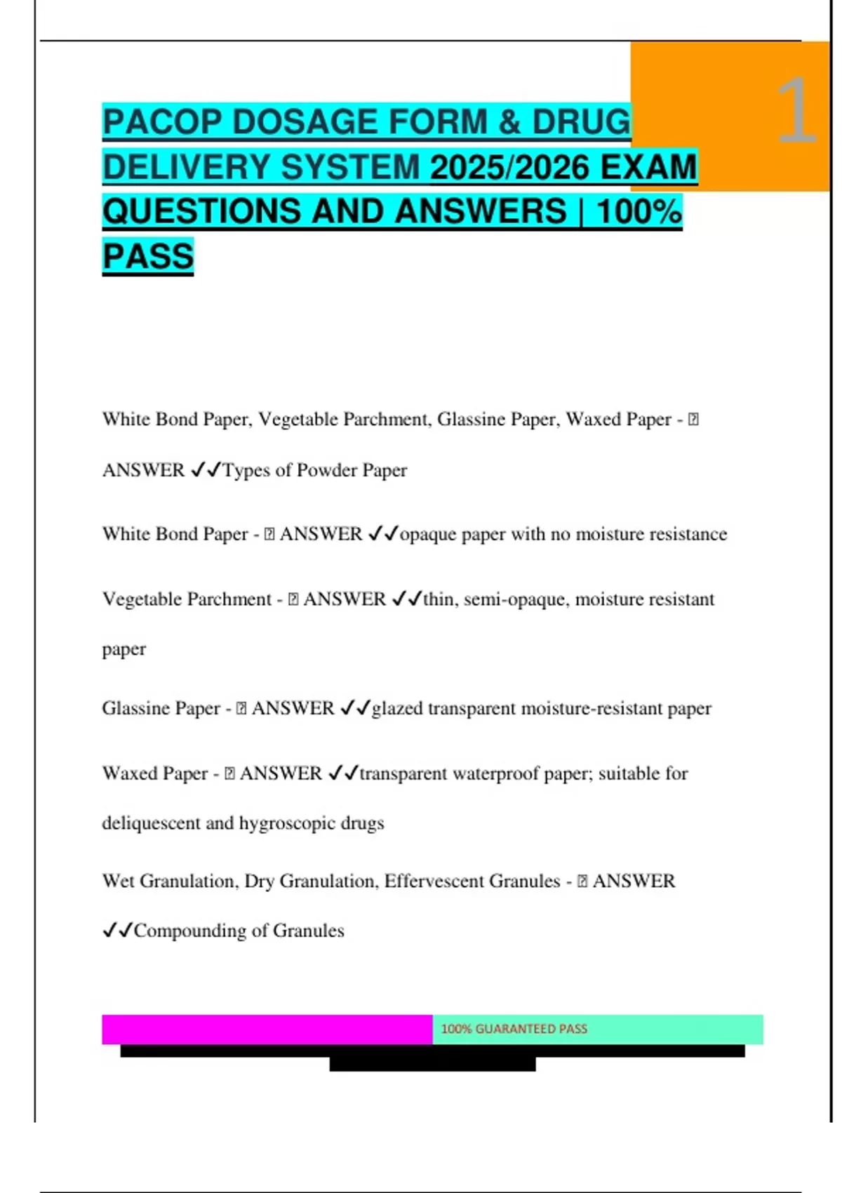 Profile Collection Pacop PACOP DOSAGE FORM & DRUG DELIVERY SYSTEM 2025/2026 EXAM QUESTIONS AND ...