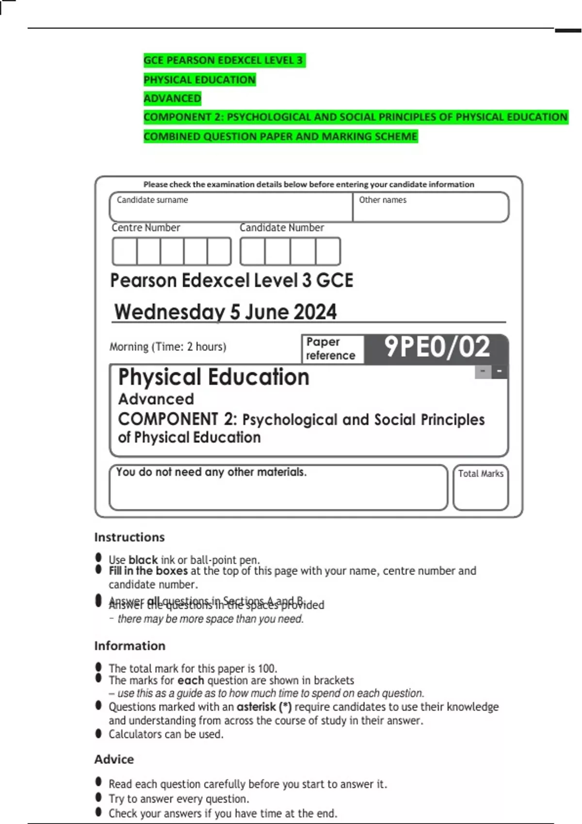 GCE PEARSON EDEXCEL LEVEL 3 PHYSICAL EDUCATION ADVANCED COMPONENT 2 ...