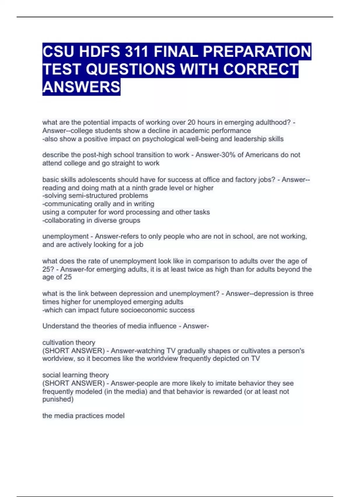 CSU HDFS 311 FINAL PREPARATION TEST QUESTIONS WITH CORRECT ANSWERS ...