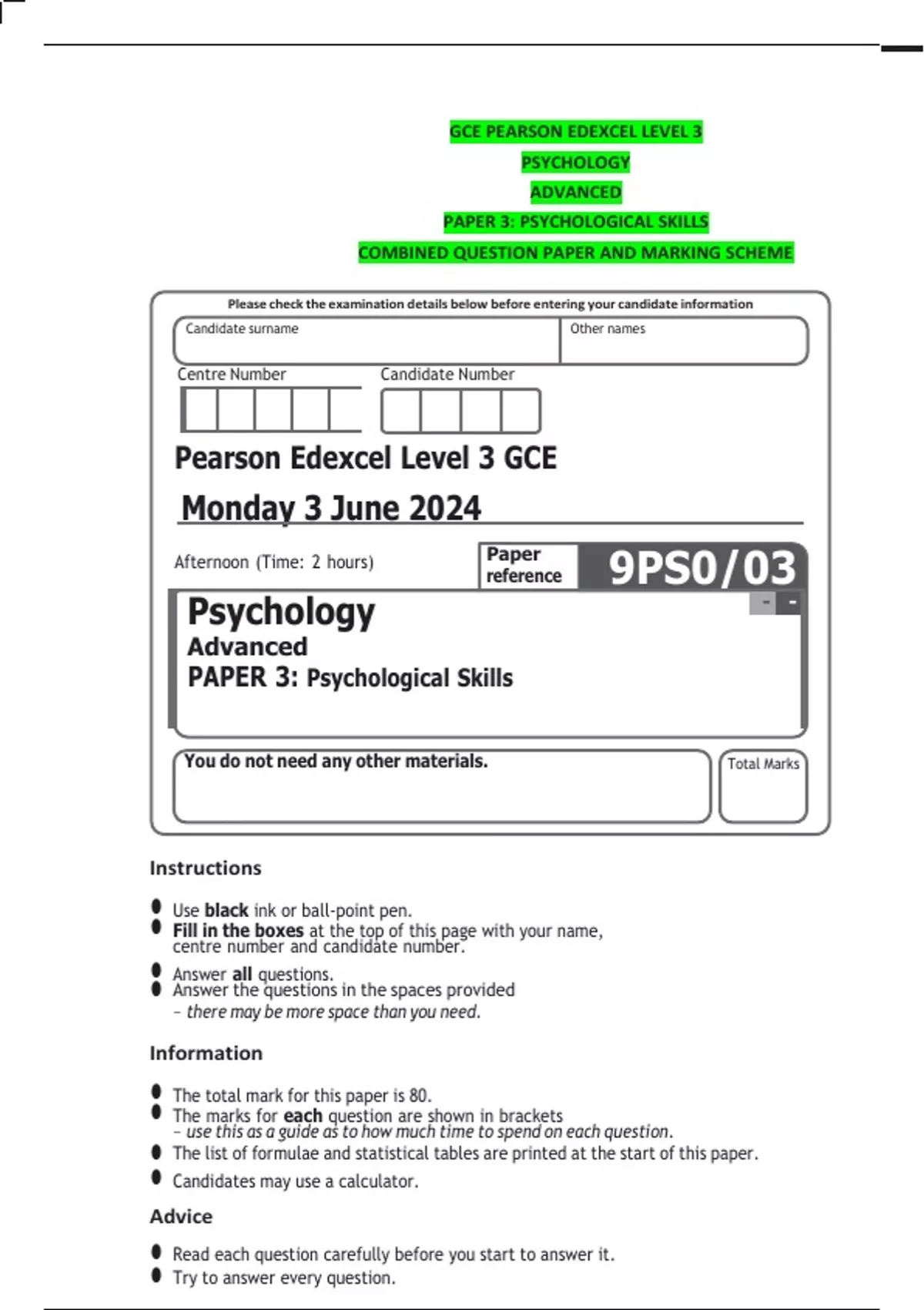 GCE PEARSON EDEXCEL LEVEL 3 PSYCHOLOGY ADVANCED PAPER 3: PSYCHOLOGICAL ...