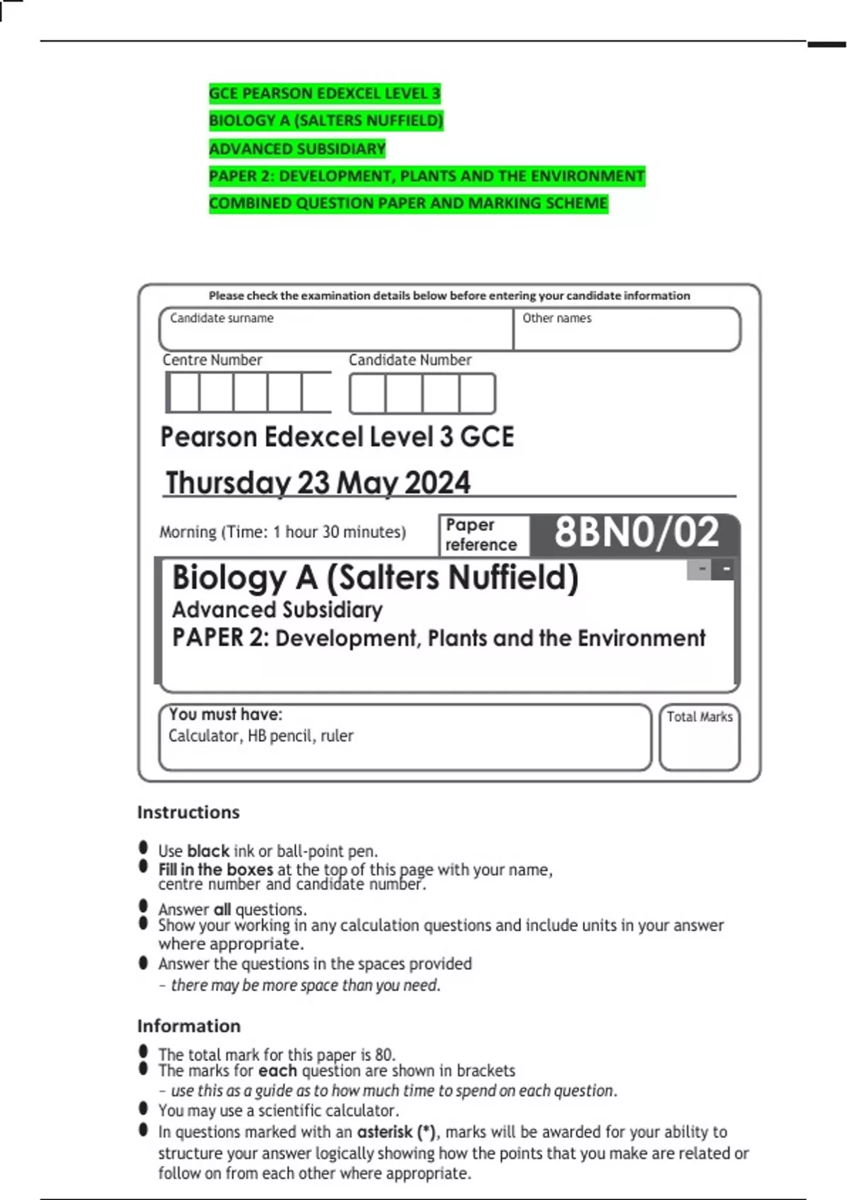 GCE PEARSON EDEXCEL LEVEL 3 BIOLOGY A (SALTERS NUFFIELD) ADVANCED ...