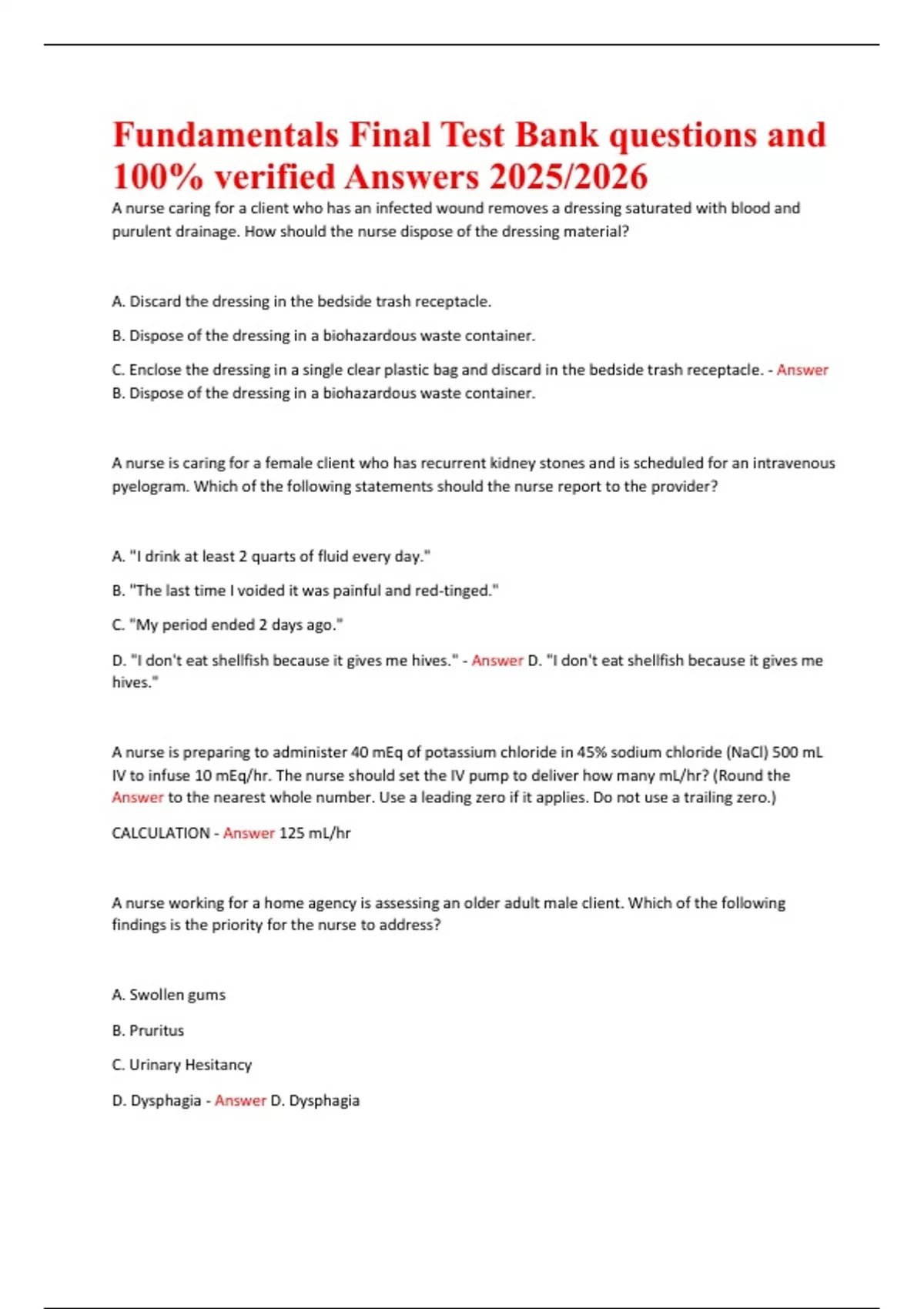 “Fundamentals of Nursing Final Exam Test Bank: 100 Verified Questions ...
