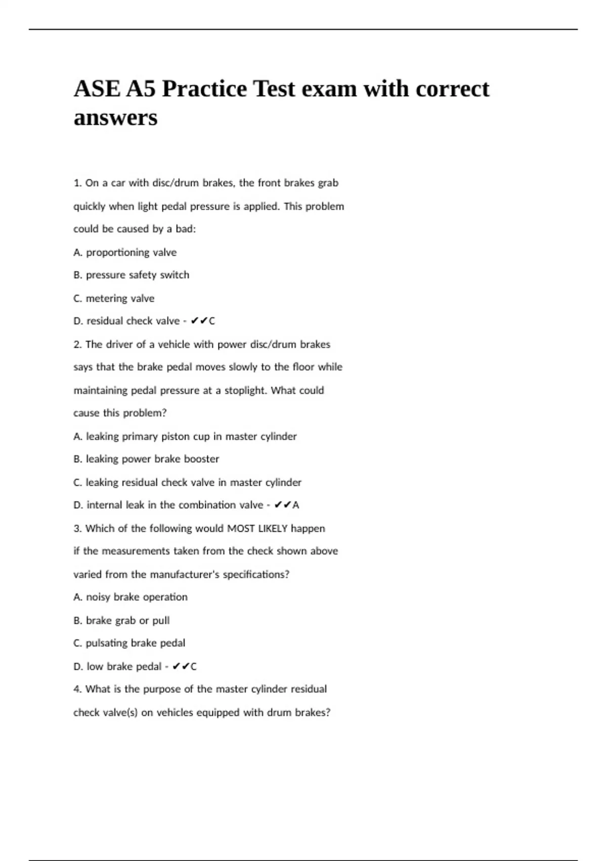 ASE A5 Practice Test exam with correct answers - ASE BRAKES A5 - Stuvia US