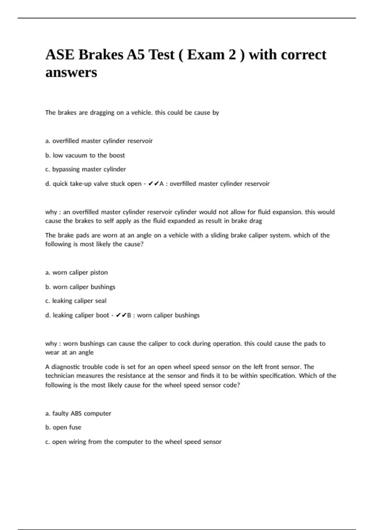 ASE Brakes A5 Test ( Exam 2 ) with correct answers - ASE BRAKES A5 ...
