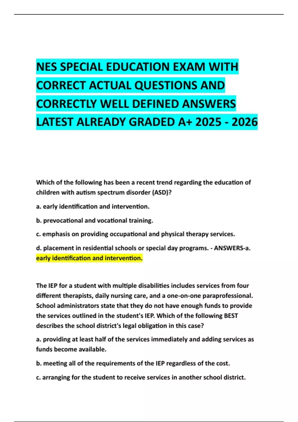 NES SPECIAL EDUCATION EXAM WITH CORRECT ACTUAL QUESTIONS AND CORRECTLY ...