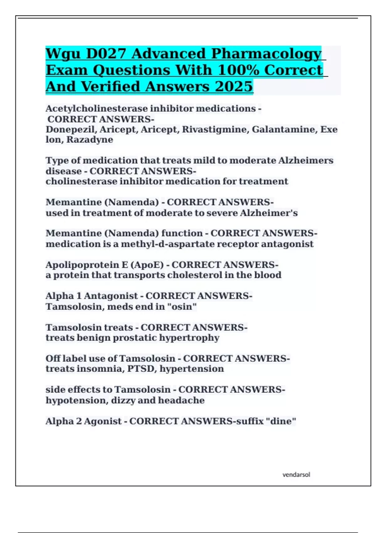 Wgu D027 Advanced Pharmacology Exam Questions With 100% Correct And ...