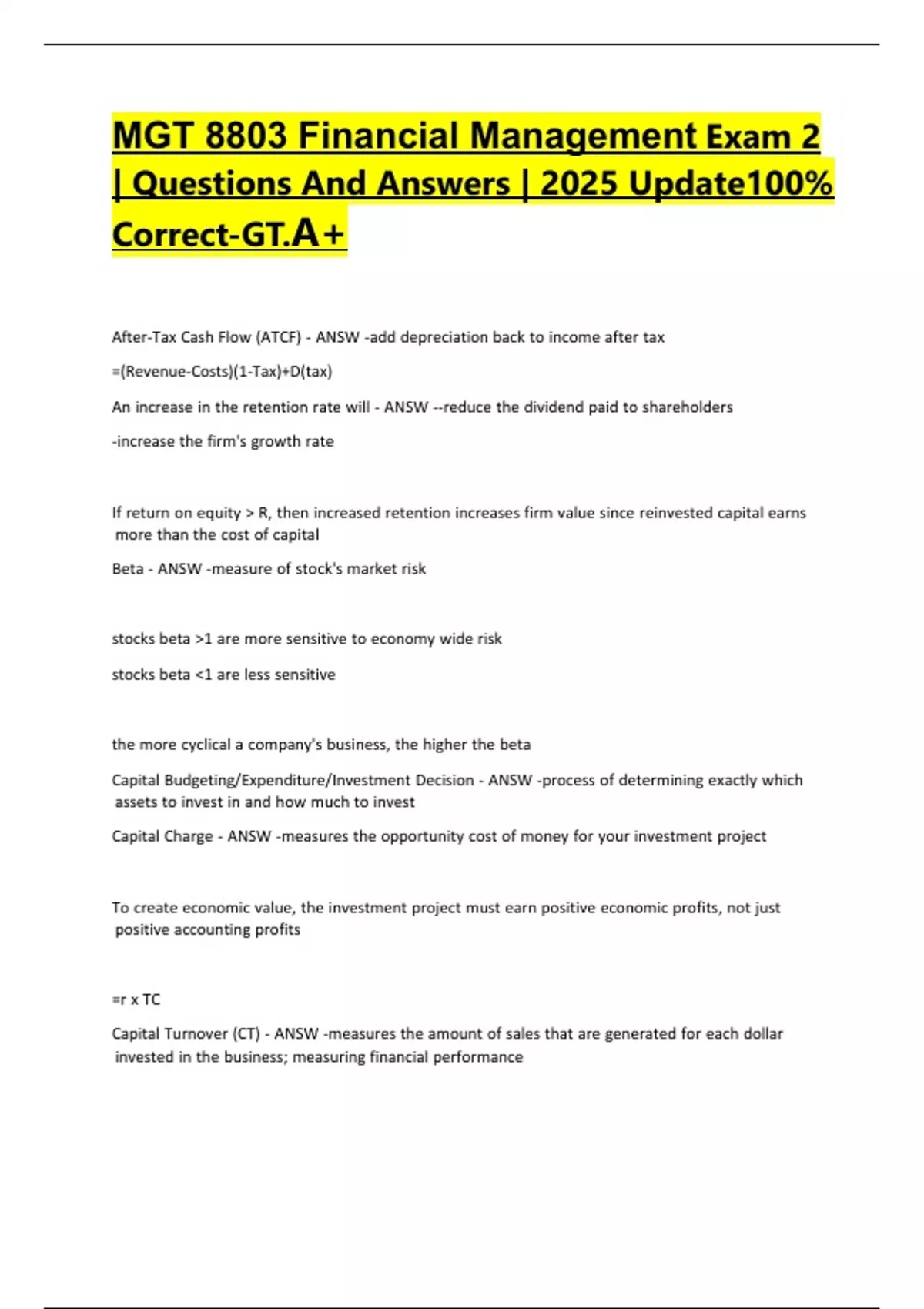 MGT 8803 Financial Management Exam 2 | Questions And Answers | 2025 ...