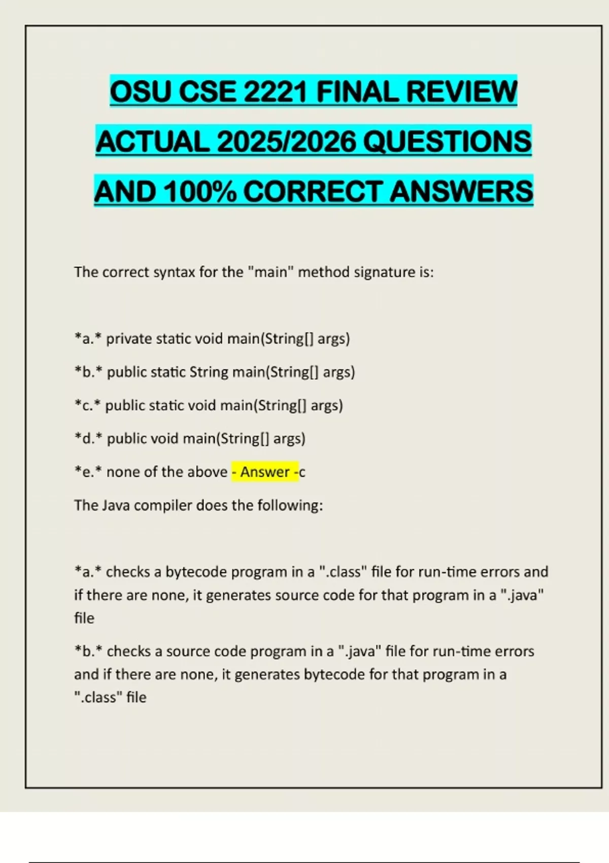 OSU CSE 2221 FINAL REVIEW ACTUAL 2025/2026 QUESTIONS AND 100% CORRECT ...