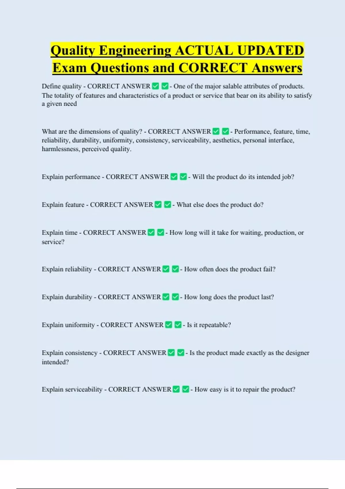 Quality Engineering ACTUAL UPDATED Exam Questions and CORRECT Answers ...