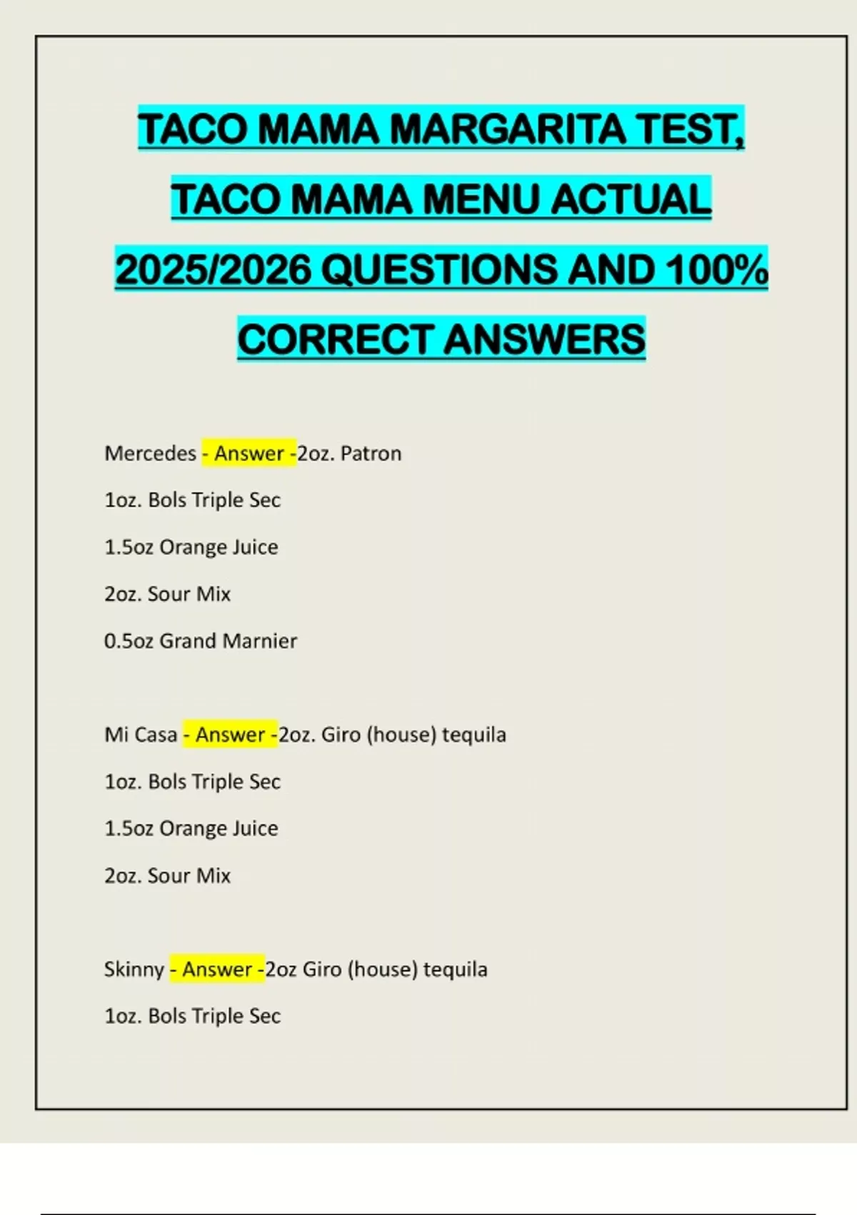 TACO MAMA MARGARITA TEST, TACO MAMA MENU ACTUAL 2025/2026 QUESTIONS AND ...