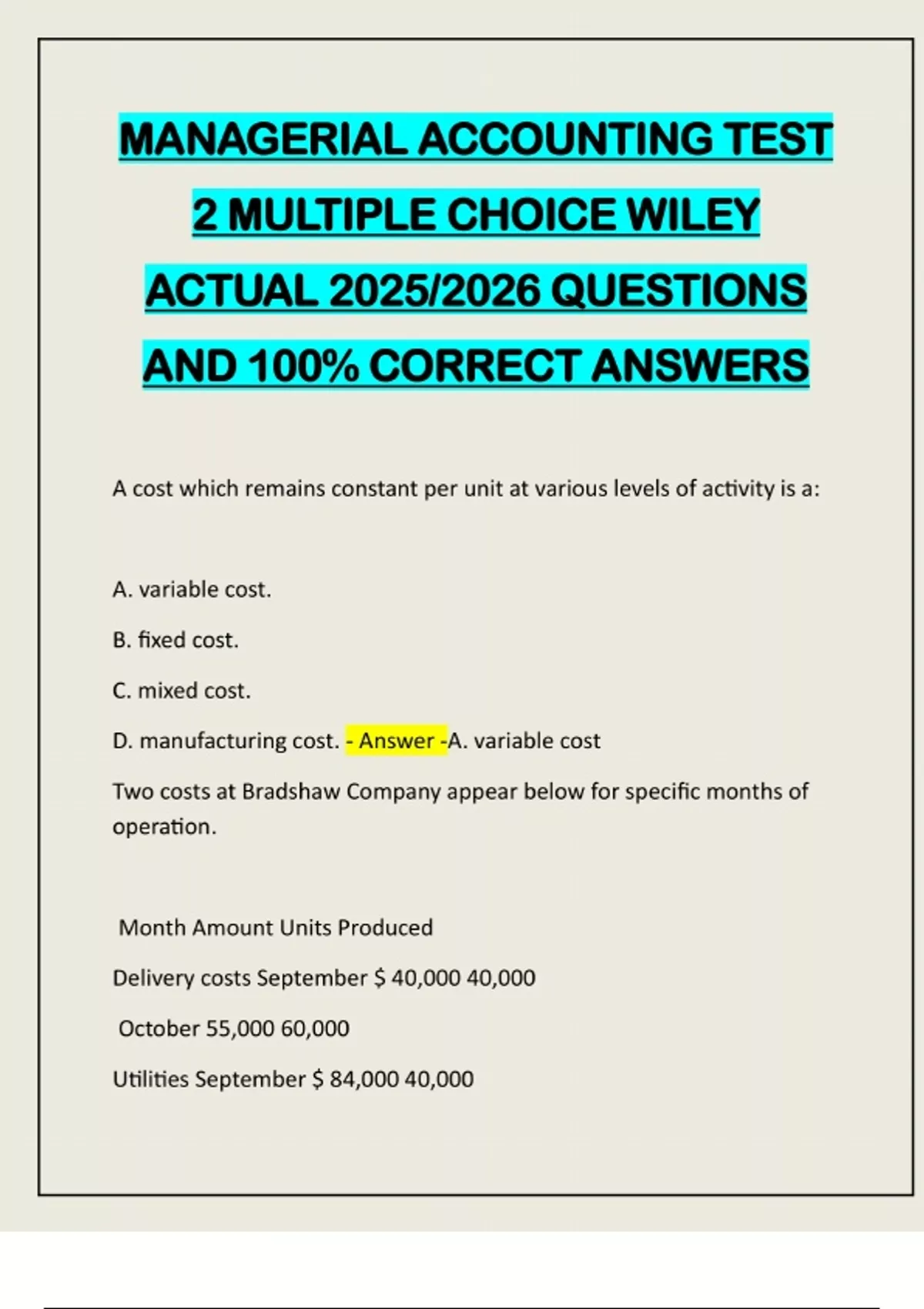 MANAGERIAL ACCOUNTING TEST 2 MULTIPLE CHOICE WILEY ACTUAL 2025/2026 ...