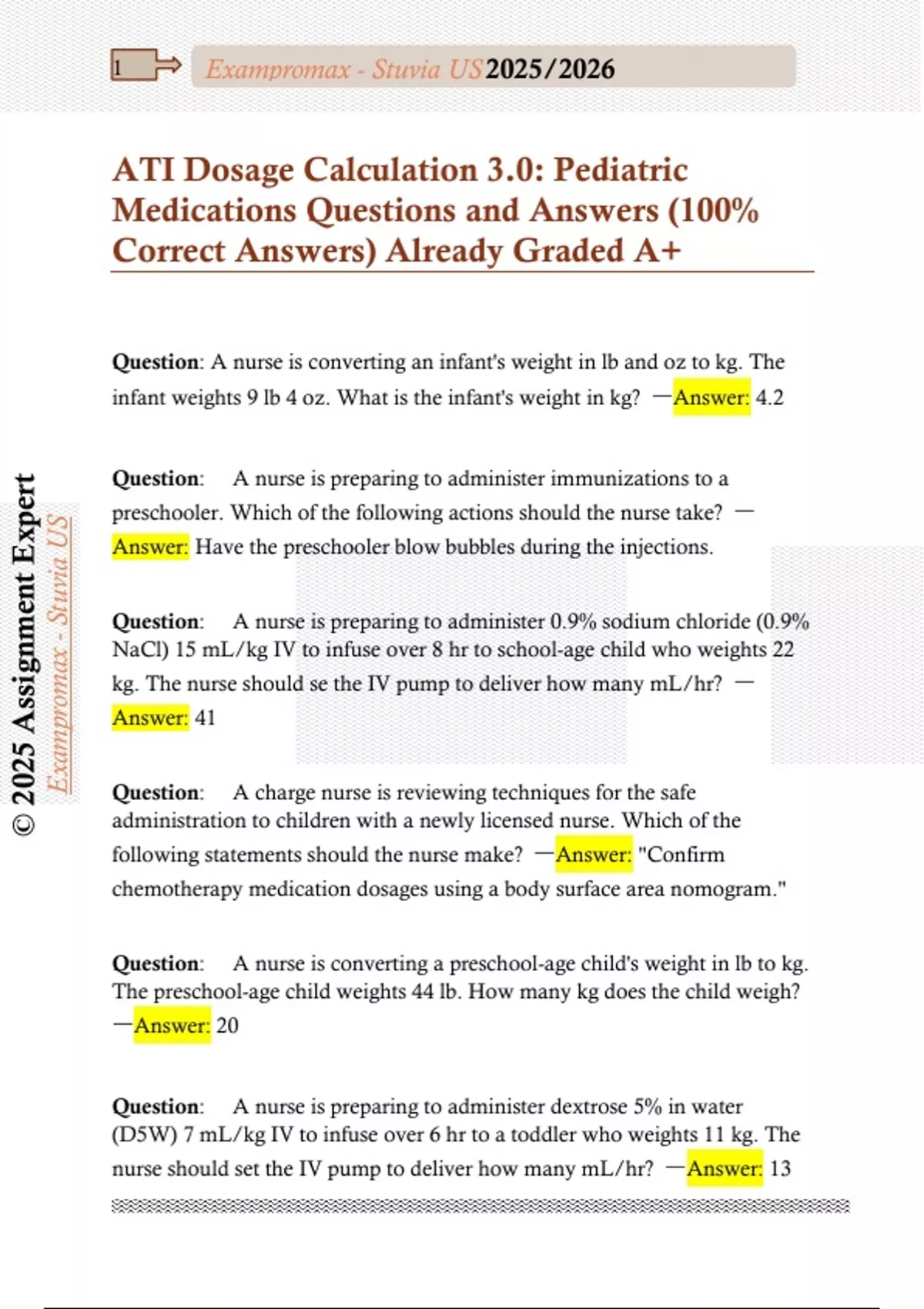 ATI Dosage Calculation 3.0: Pediatric Medications Questions and Answers ...