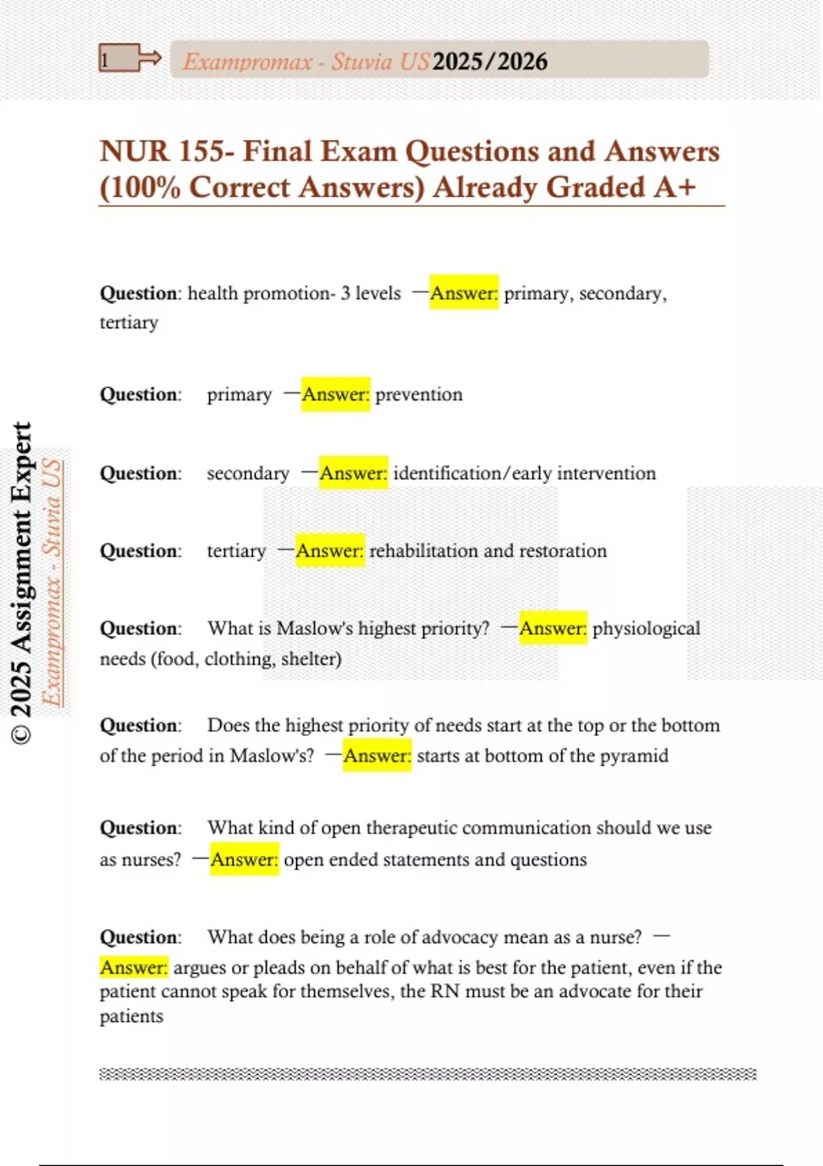 NUR 155- Final Exam Questions and Answers (100% Correct Answers ...