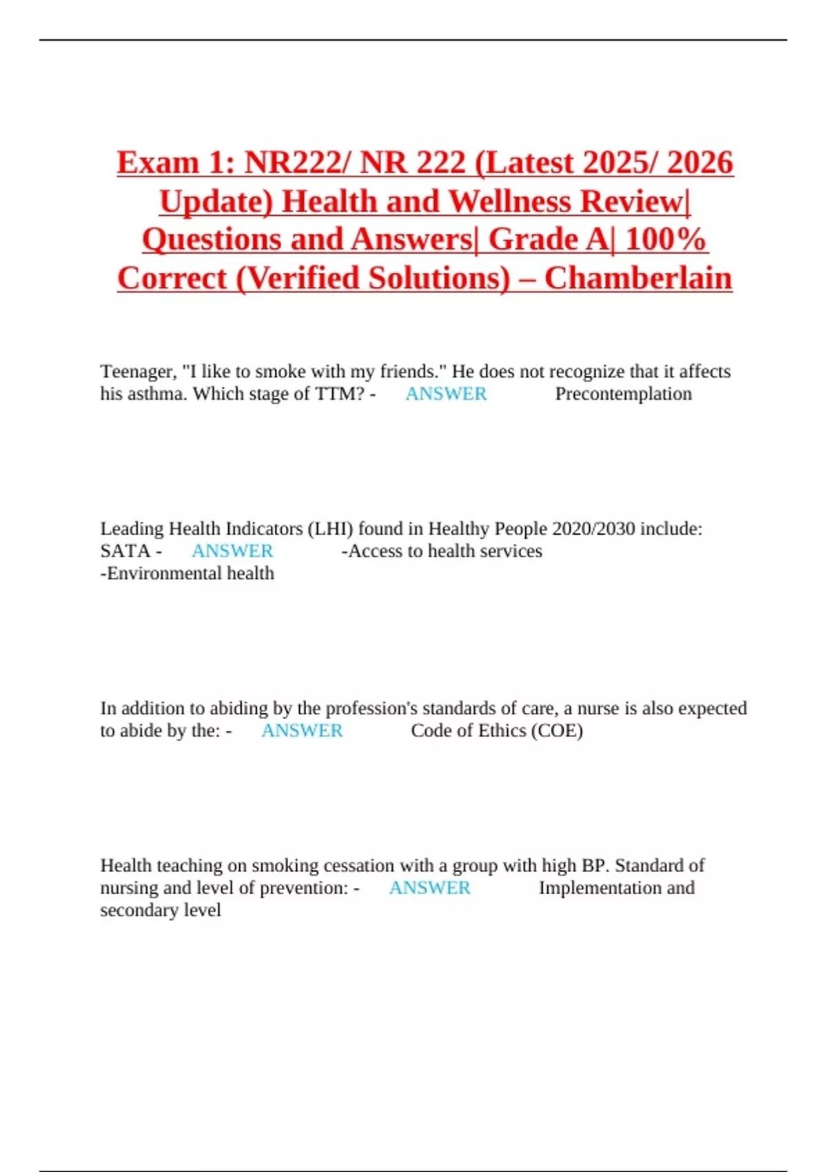 Exam 1: NR222/ NR 222 (Latest 2025/ 2026 Update) Health and Wellness ...